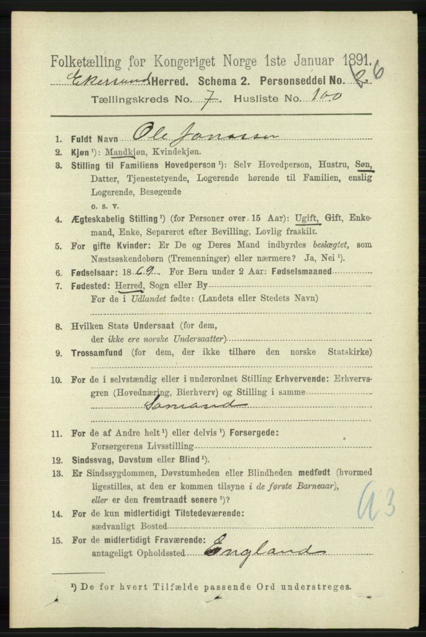RA, 1891 census for 1116 Eigersund herred, 1891, p. 3408