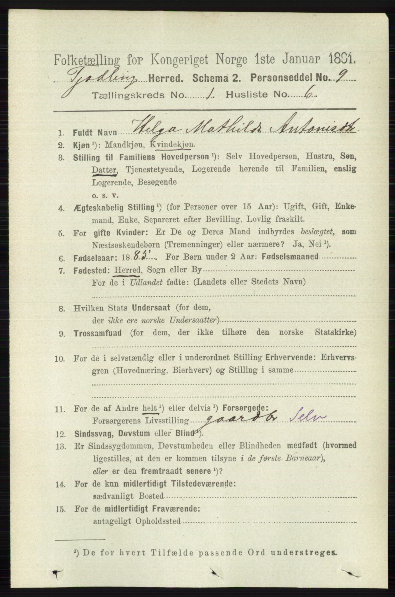 RA, 1891 census for 0725 Tjølling, 1891, p. 132