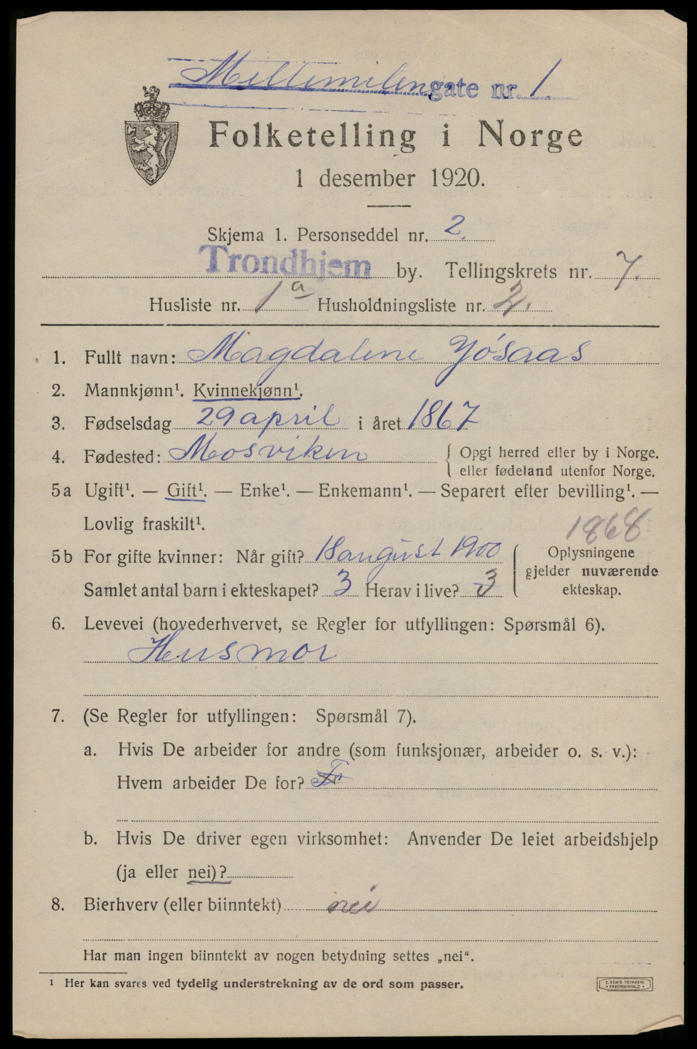 SAT, 1920 census for Trondheim, 1920, p. 41200