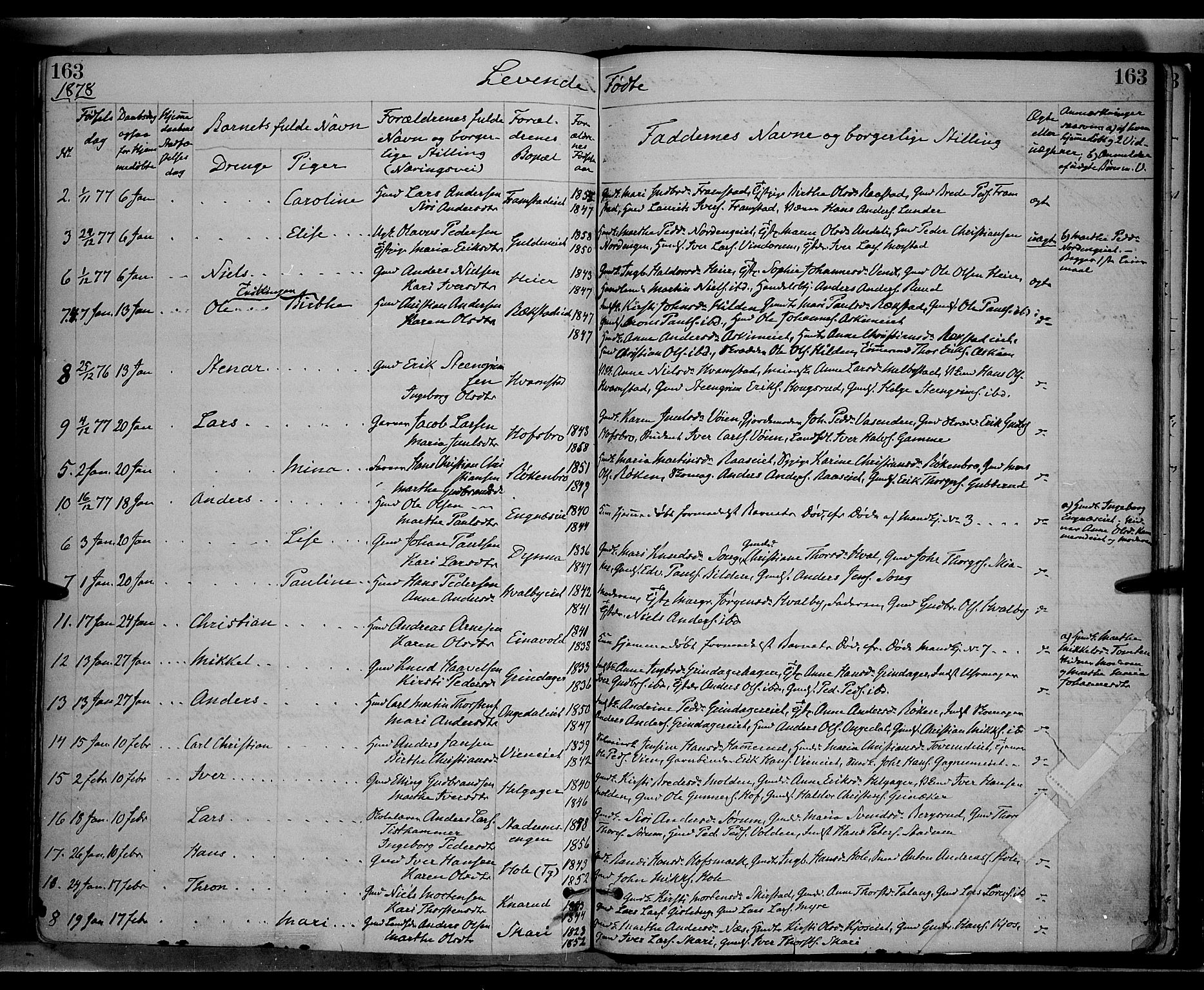 Gran prestekontor, SAH/PREST-112/H/Ha/Haa/L0013: Parish register (official) no. 13, 1875-1879, p. 163