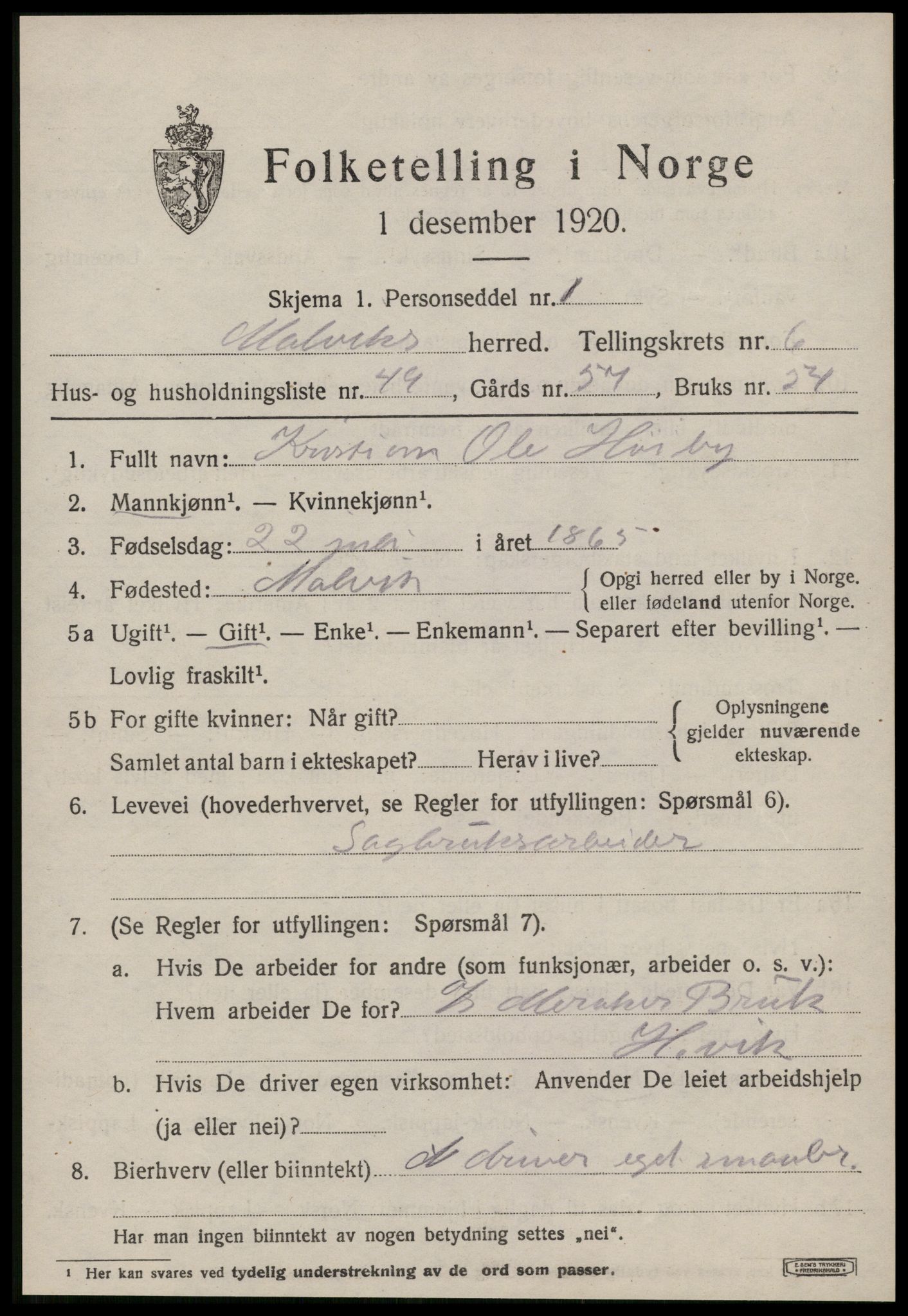 SAT, 1920 census for Malvik, 1920, p. 6248