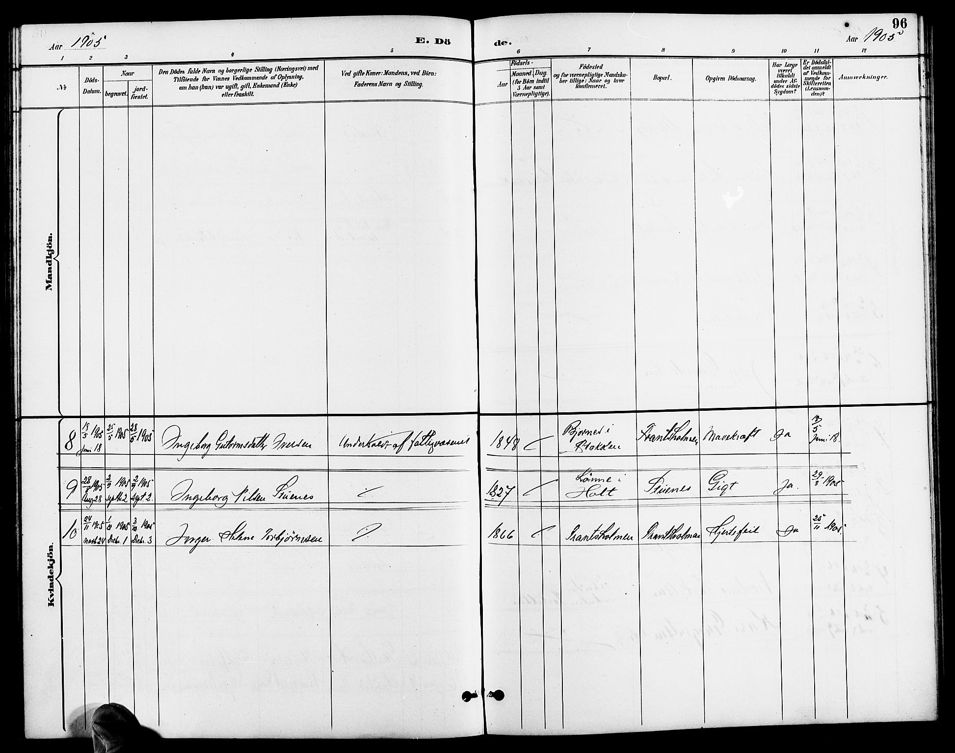 Austre Moland sokneprestkontor, SAK/1111-0001/F/Fb/Fbb/L0002: Parish register (copy) no. B 2, 1894-1918, p. 96