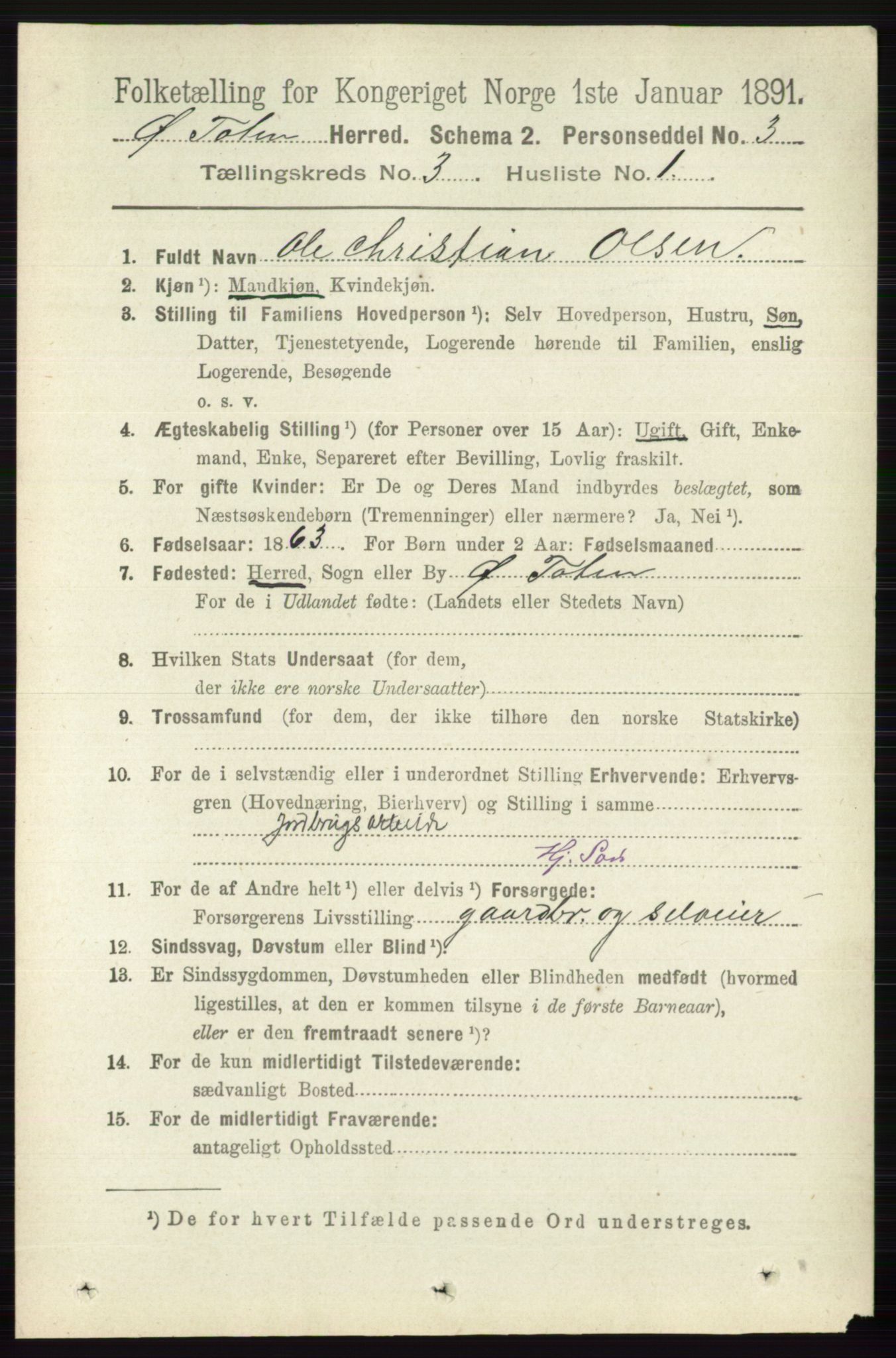 RA, 1891 census for 0528 Østre Toten, 1891, p. 1557