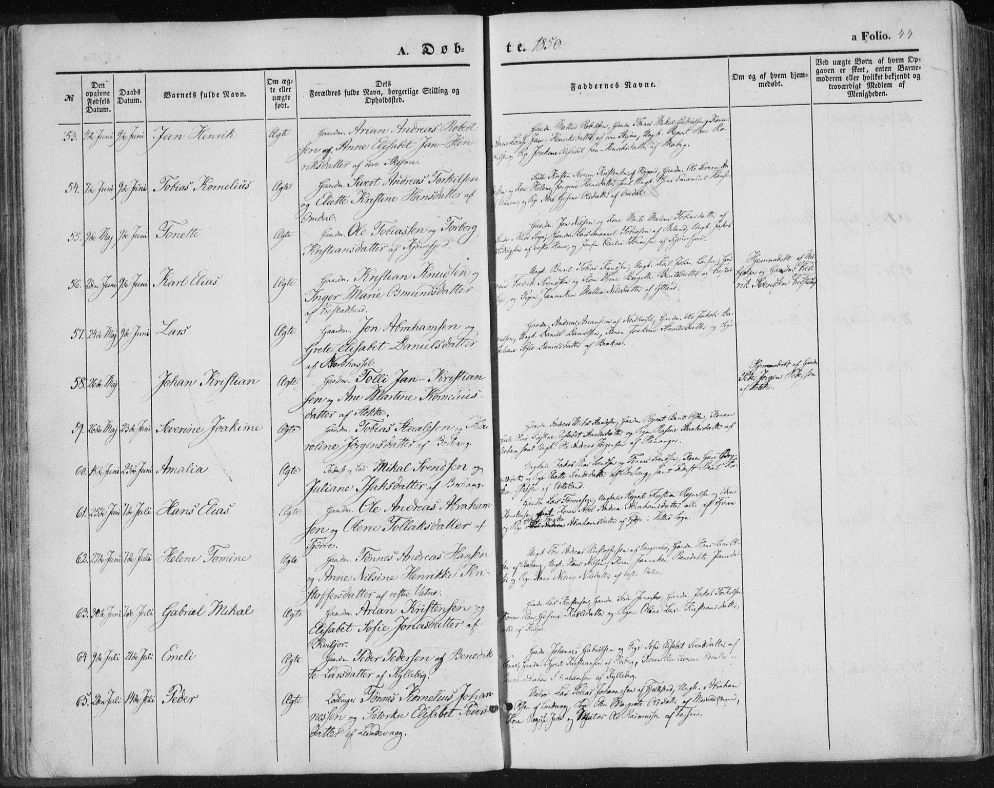 Lista sokneprestkontor, SAK/1111-0027/F/Fa/L0010: Parish register (official) no. A 10, 1846-1861, p. 44