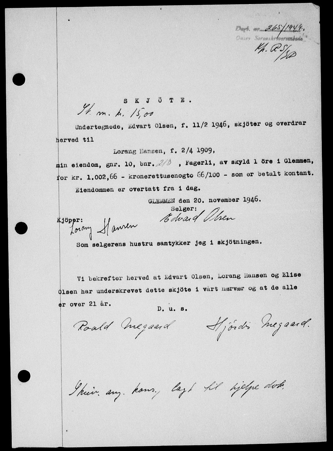 Onsøy sorenskriveri, SAO/A-10474/G/Ga/Gab/L0018: Mortgage book no. II A-18, 1946-1947, Diary no: : 265/1947