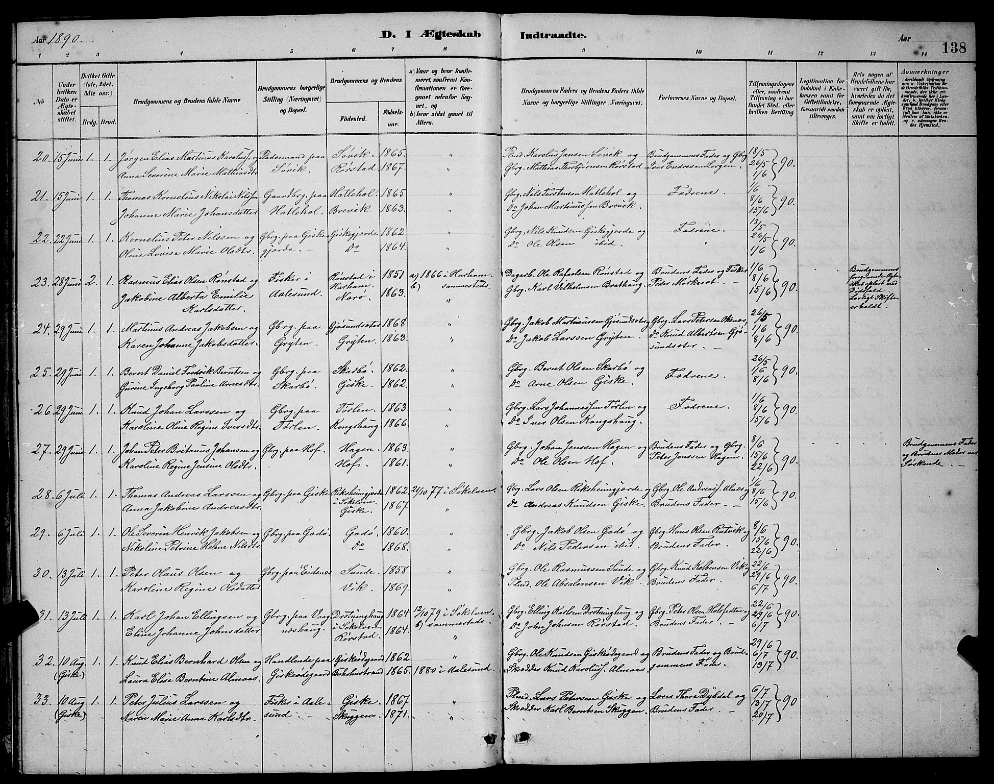 Ministerialprotokoller, klokkerbøker og fødselsregistre - Møre og Romsdal, SAT/A-1454/528/L0430: Parish register (copy) no. 528C11, 1884-1899, p. 138