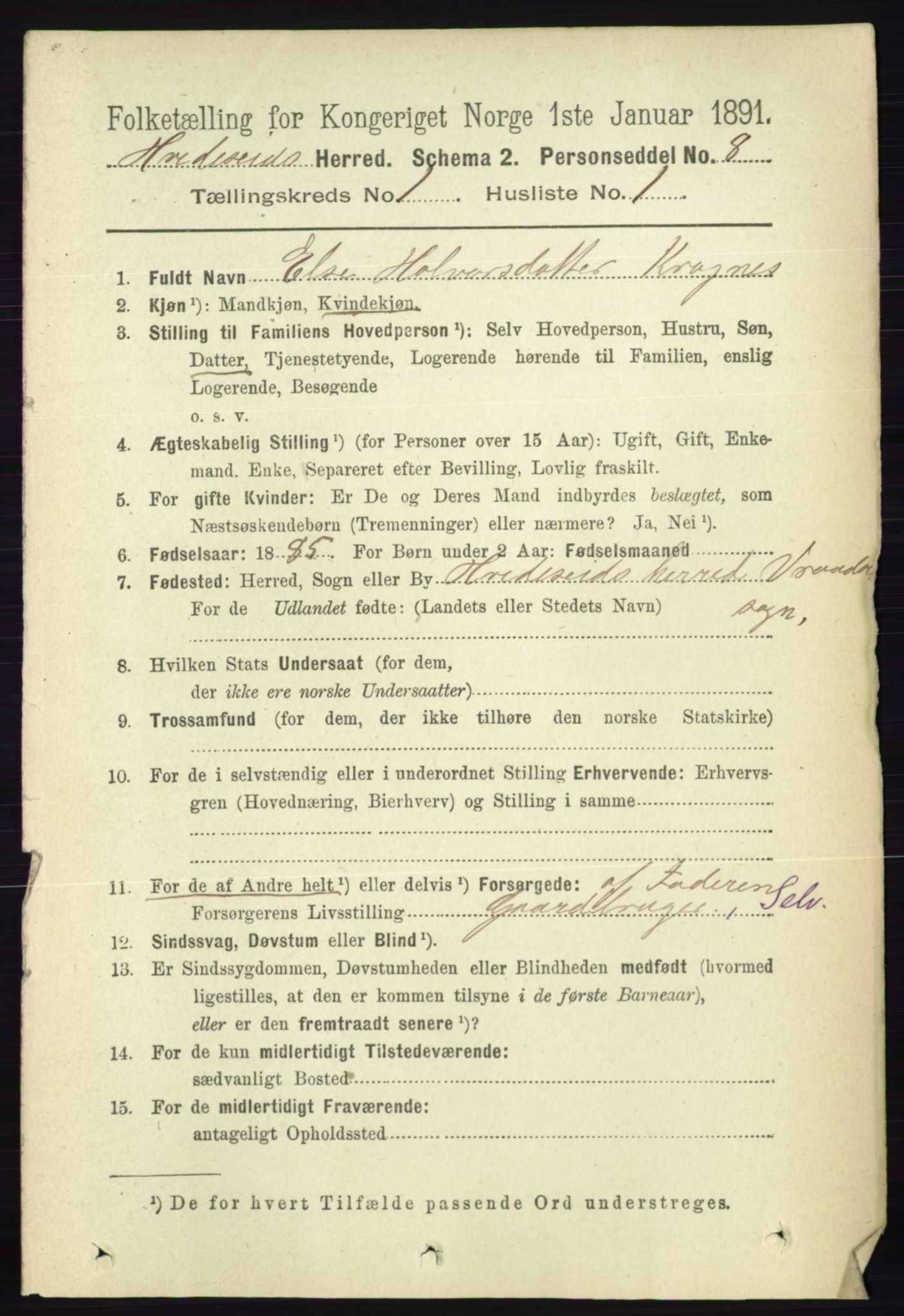 RA, 1891 census for 0829 Kviteseid, 1891, p. 84