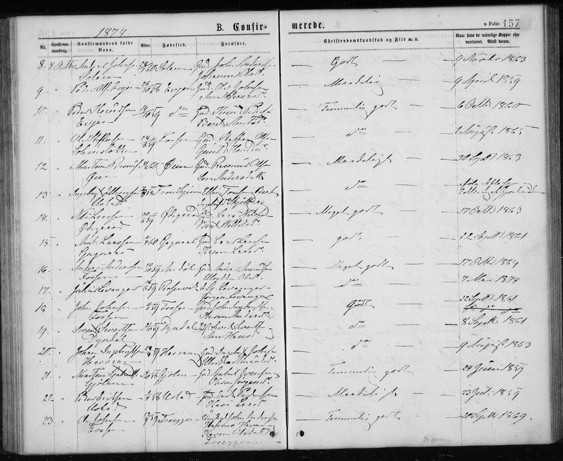 Ministerialprotokoller, klokkerbøker og fødselsregistre - Sør-Trøndelag, SAT/A-1456/668/L0817: Parish register (copy) no. 668C06, 1873-1884, p. 157