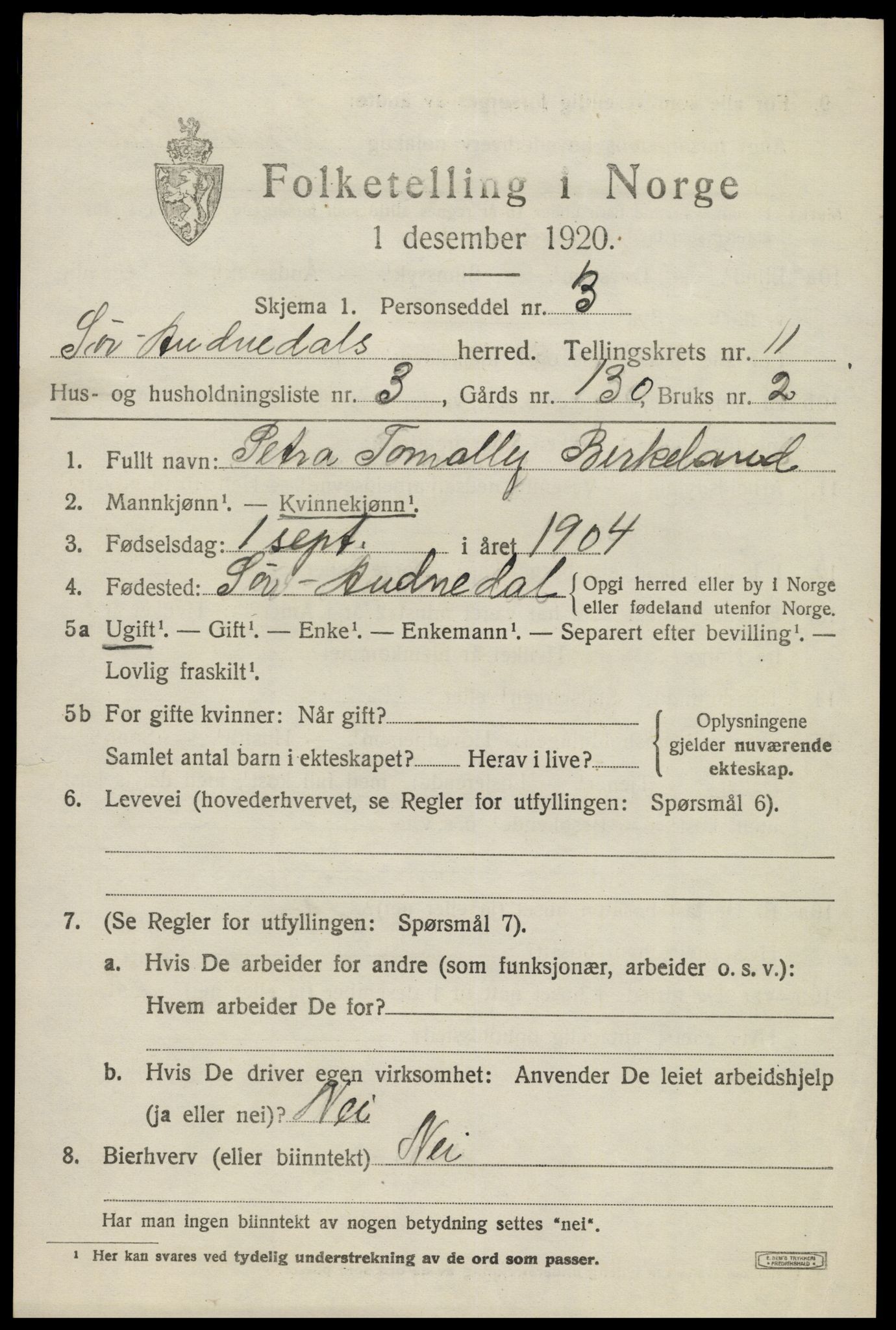 SAK, 1920 census for Sør-Audnedal, 1920, p. 4273