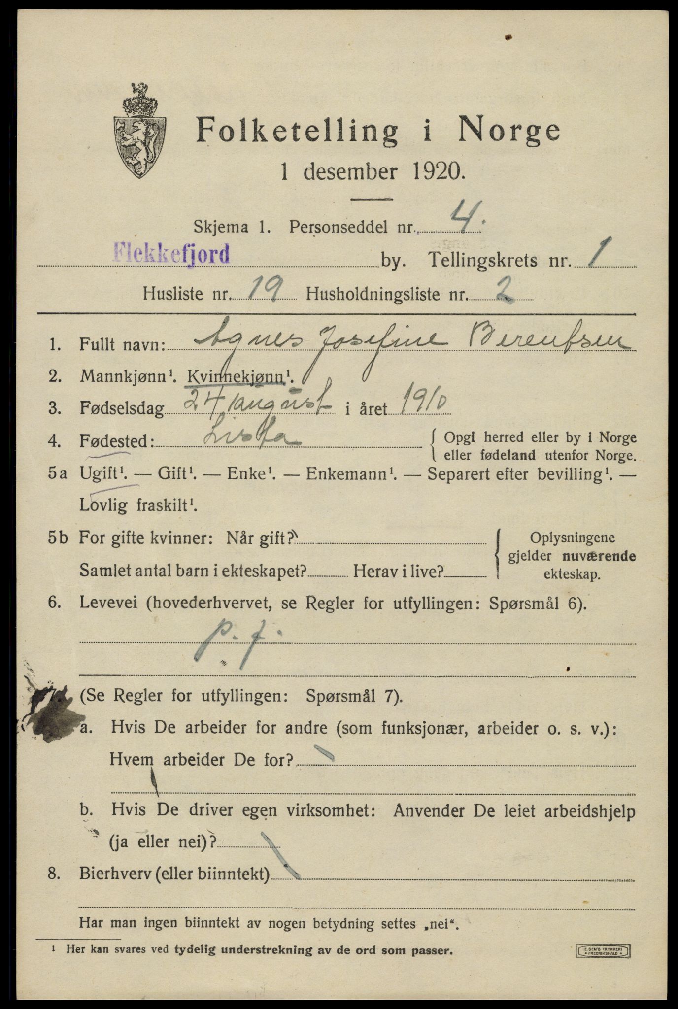 SAK, 1920 census for Flekkefjord, 1920, p. 2074
