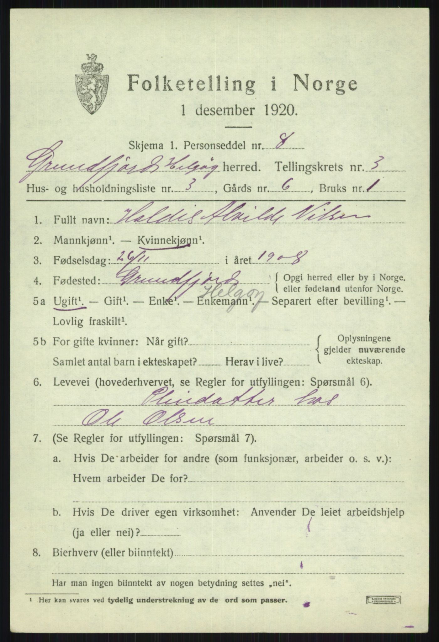 SATØ, 1920 census for Helgøy, 1920, p. 1423