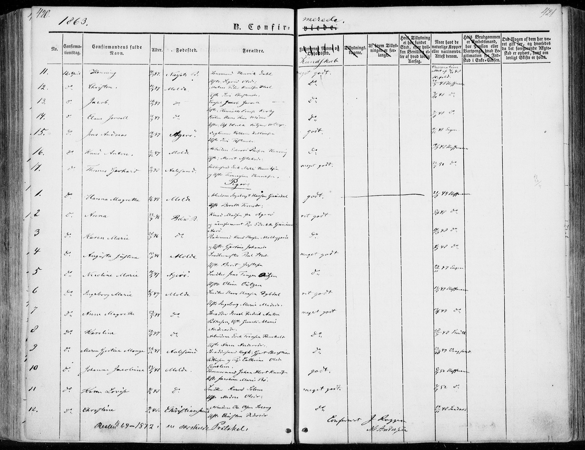 Ministerialprotokoller, klokkerbøker og fødselsregistre - Møre og Romsdal, SAT/A-1454/558/L0689: Parish register (official) no. 558A03, 1843-1872, p. 420-421