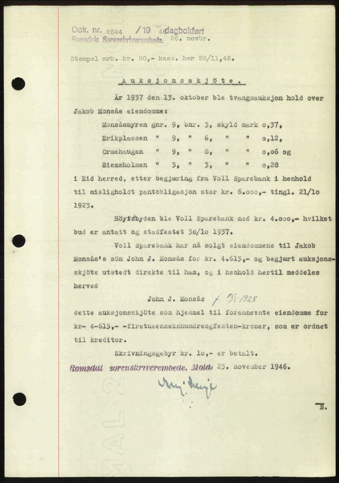 Romsdal sorenskriveri, AV/SAT-A-4149/1/2/2C: Mortgage book no. A21, 1946-1946, Diary no: : 2544/1946