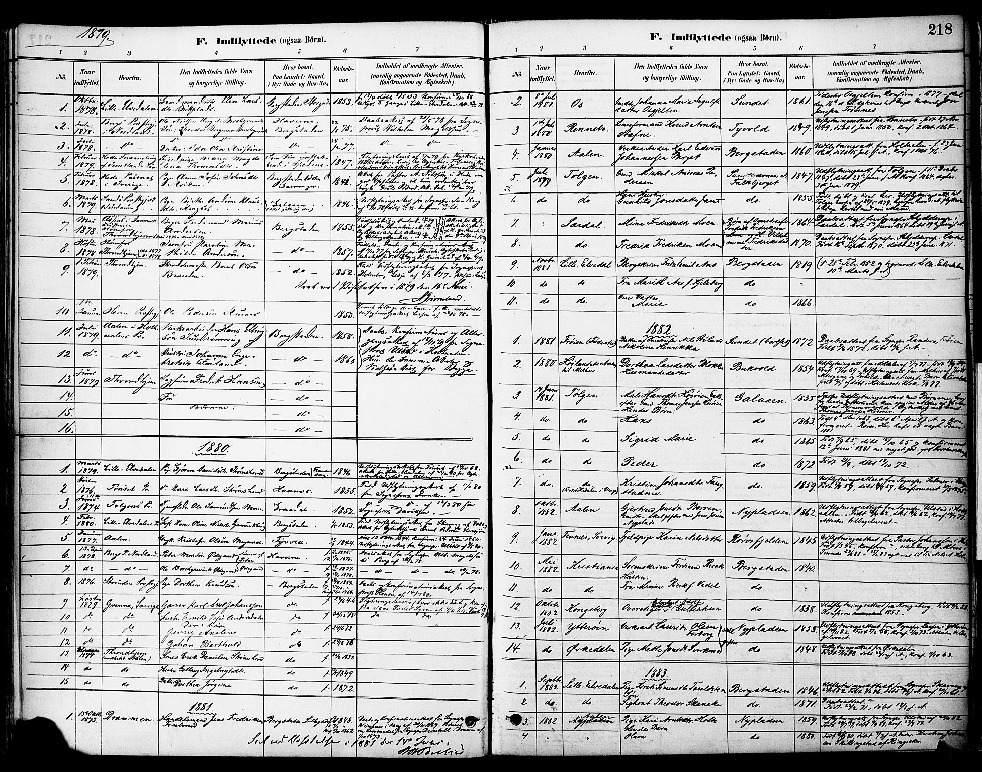Ministerialprotokoller, klokkerbøker og fødselsregistre - Sør-Trøndelag, SAT/A-1456/681/L0933: Parish register (official) no. 681A11, 1879-1890, p. 218