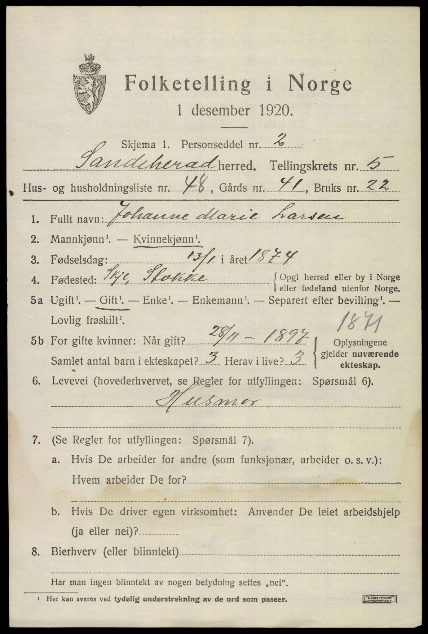 SAKO, 1920 census for Sandeherred, 1920, p. 8628