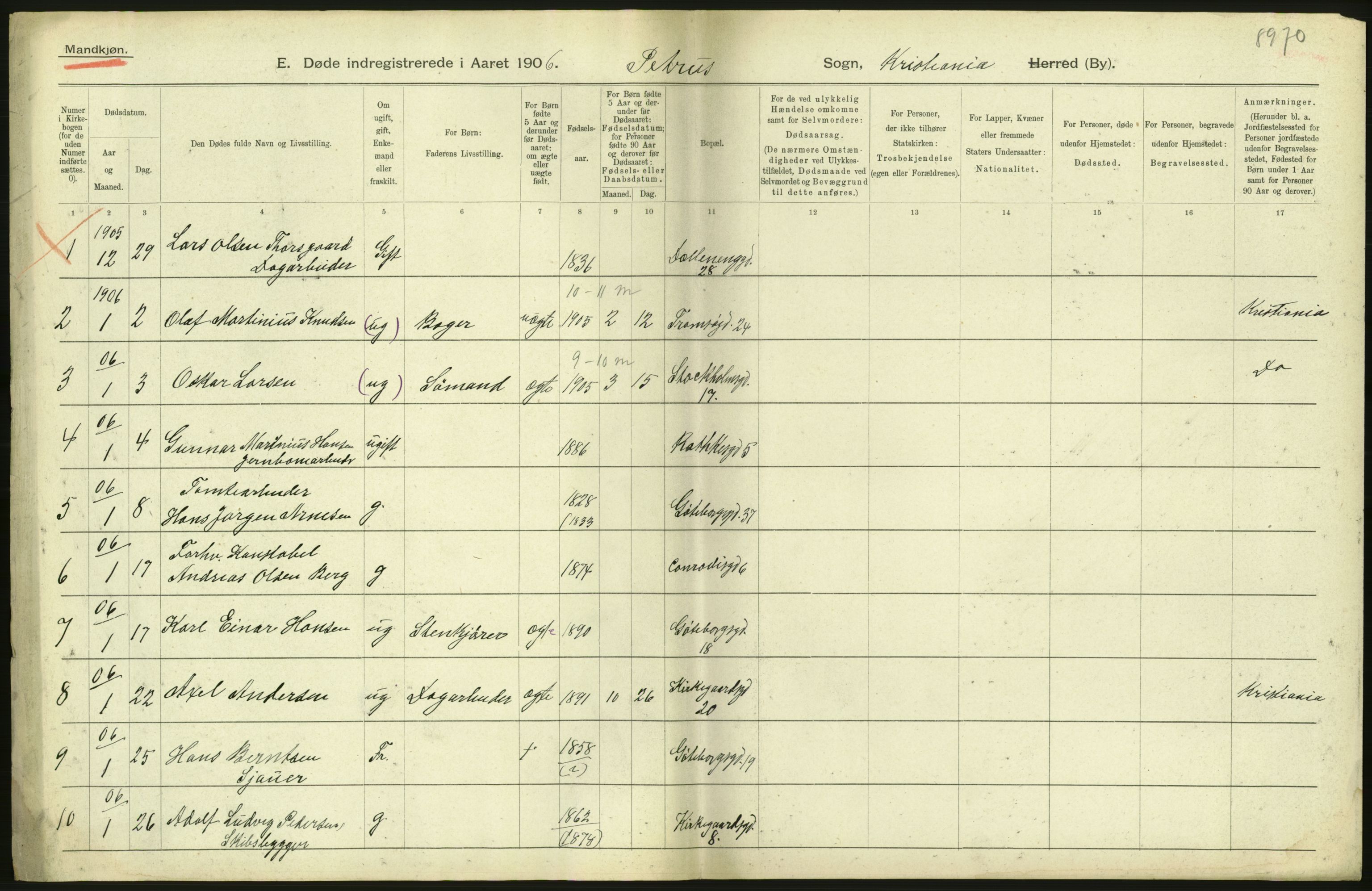 Statistisk sentralbyrå, Sosiodemografiske emner, Befolkning, RA/S-2228/D/Df/Dfa/Dfad/L0009: Kristiania: Døde, 1906, p. 434