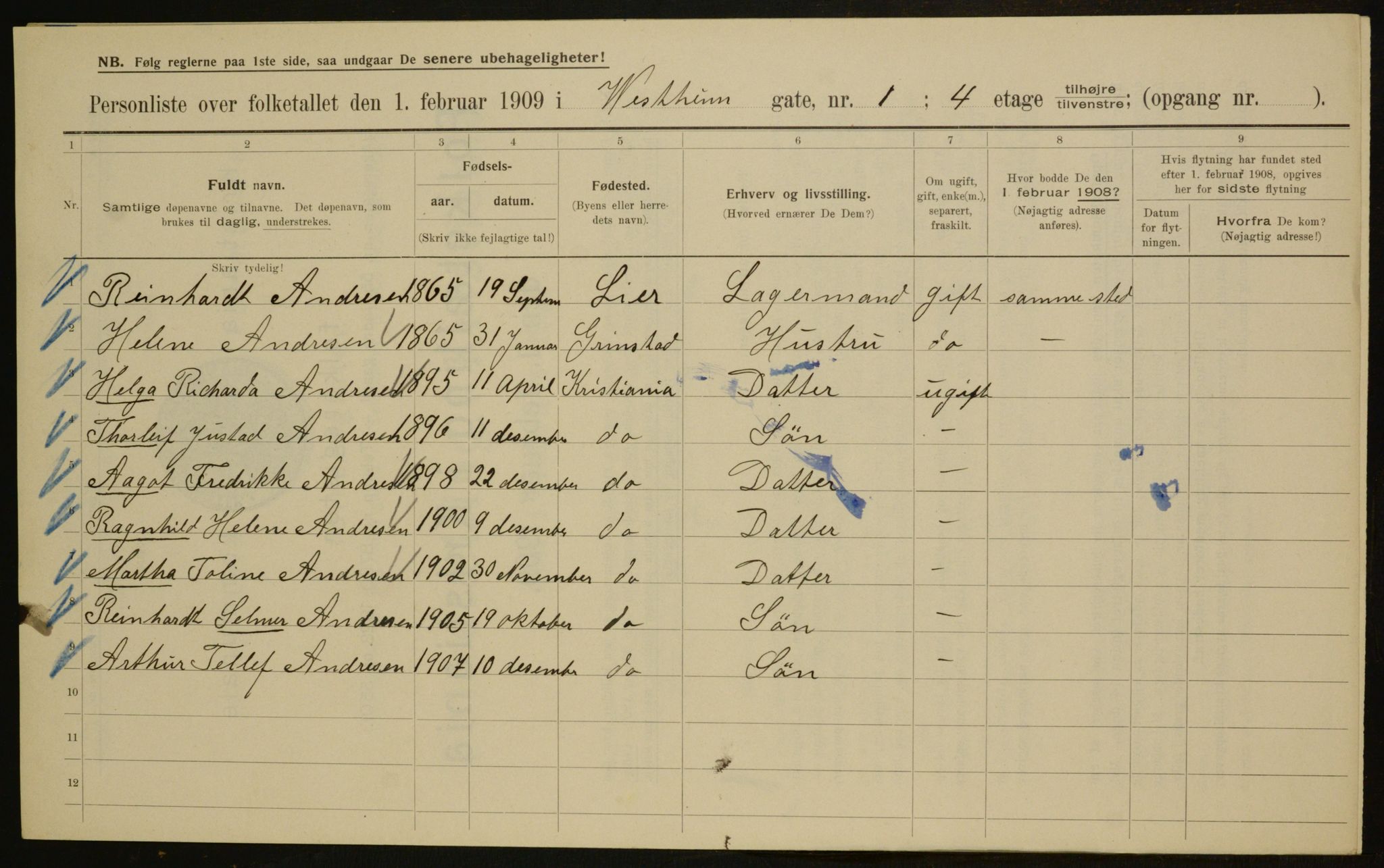 OBA, Municipal Census 1909 for Kristiania, 1909, p. 111076