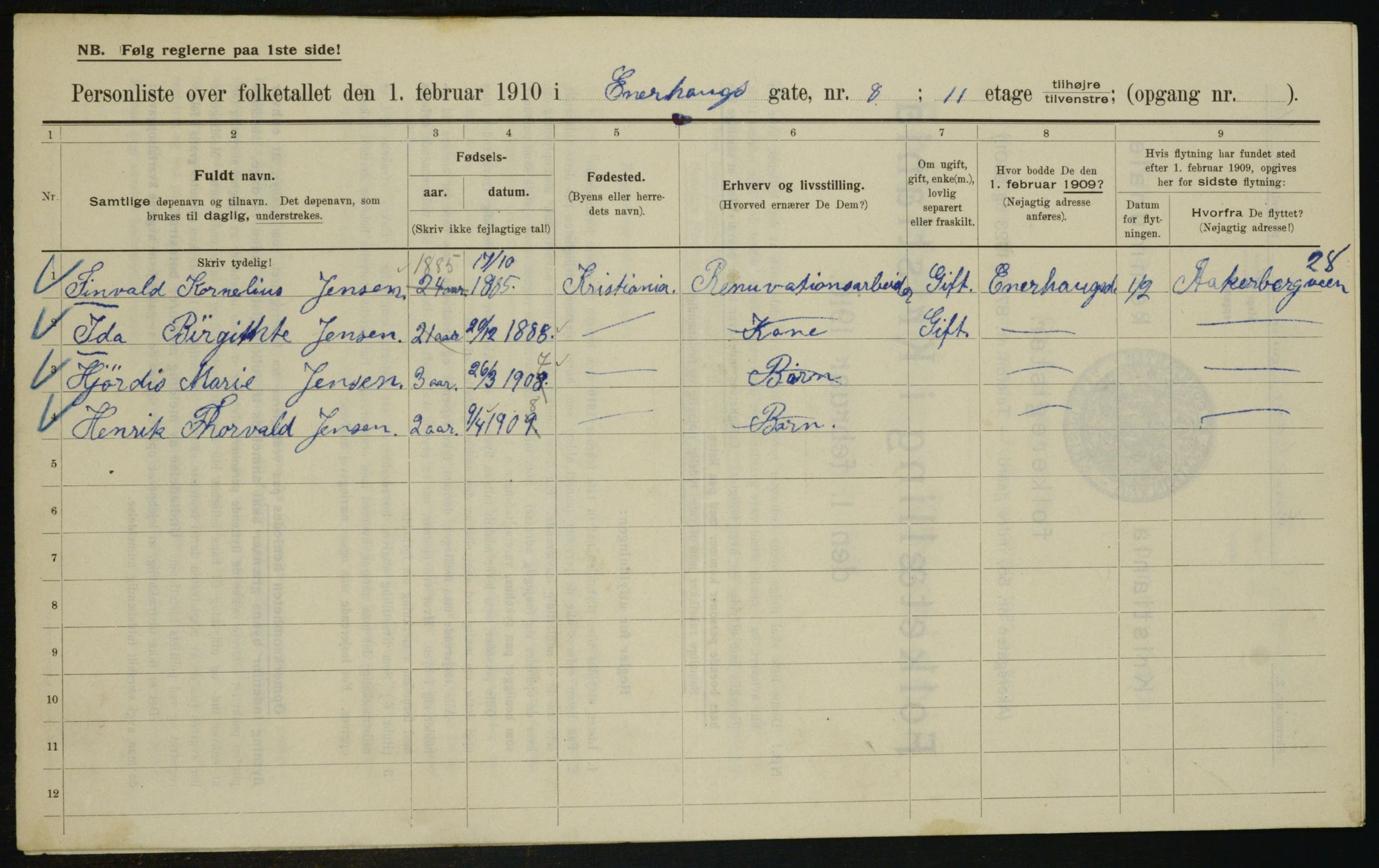 OBA, Municipal Census 1910 for Kristiania, 1910, p. 19736