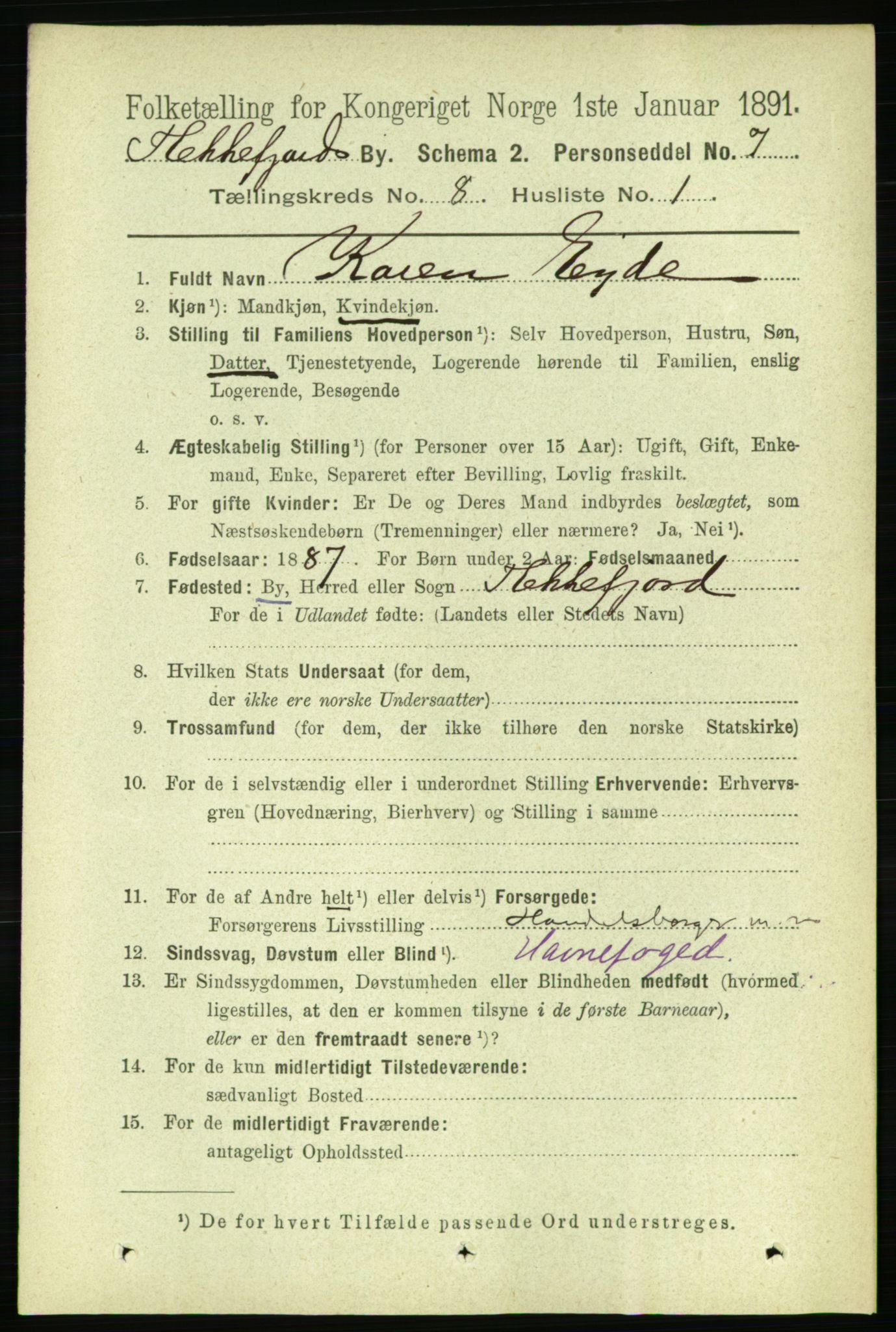 RA, 1891 census for 1004 Flekkefjord, 1891, p. 1369