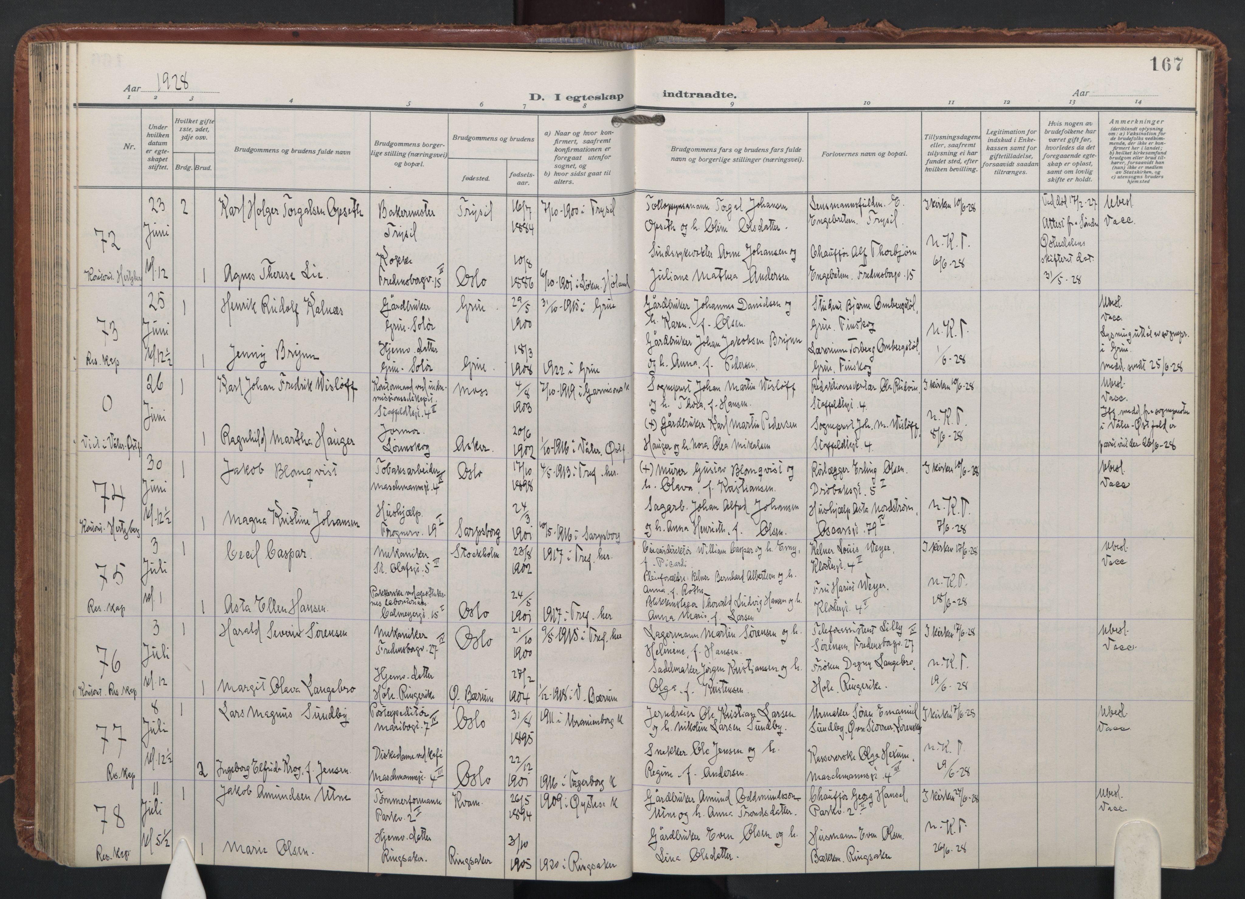 Trefoldighet prestekontor Kirkebøker, AV/SAO-A-10882/F/Fc/L0009: Parish register (official) no. III 9, 1922-1936, p. 167