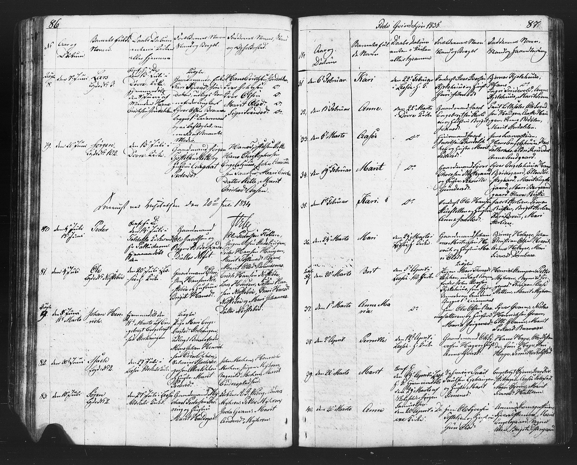 Lesja prestekontor, SAH/PREST-068/H/Ha/Hab/L0002: Parish register (copy) no. 2, 1832-1850, p. 86-87
