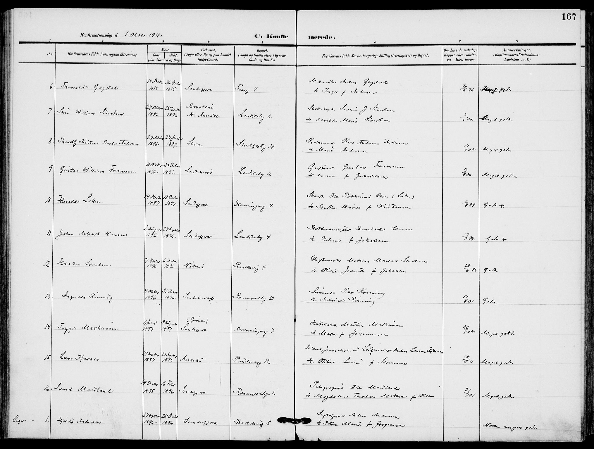 Sandefjord kirkebøker, AV/SAKO-A-315/F/Fa/L0005: Parish register (official) no. 5, 1906-1915, p. 167