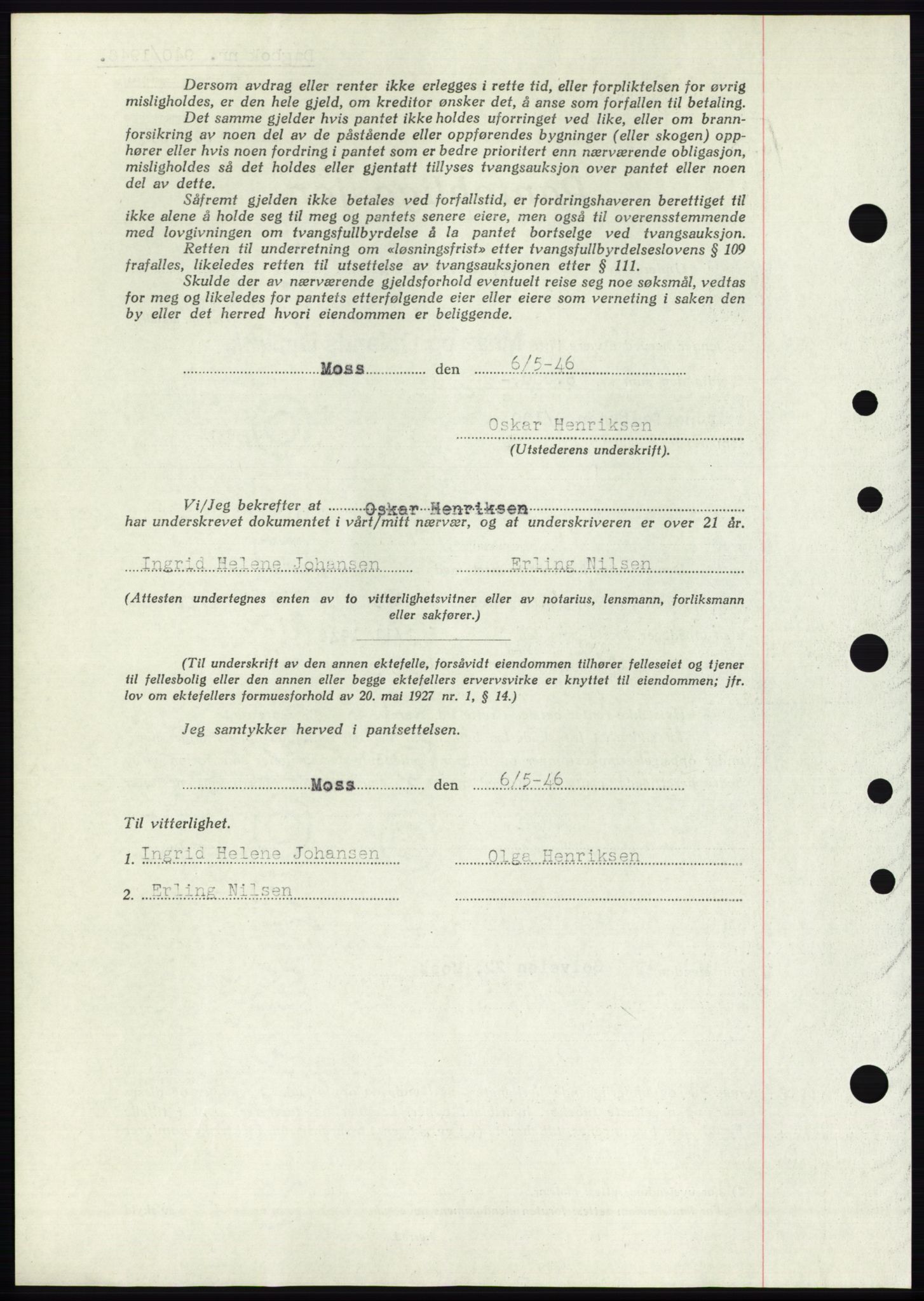 Moss sorenskriveri, SAO/A-10168: Mortgage book no. B15, 1946-1946, Diary no: : 940/1946