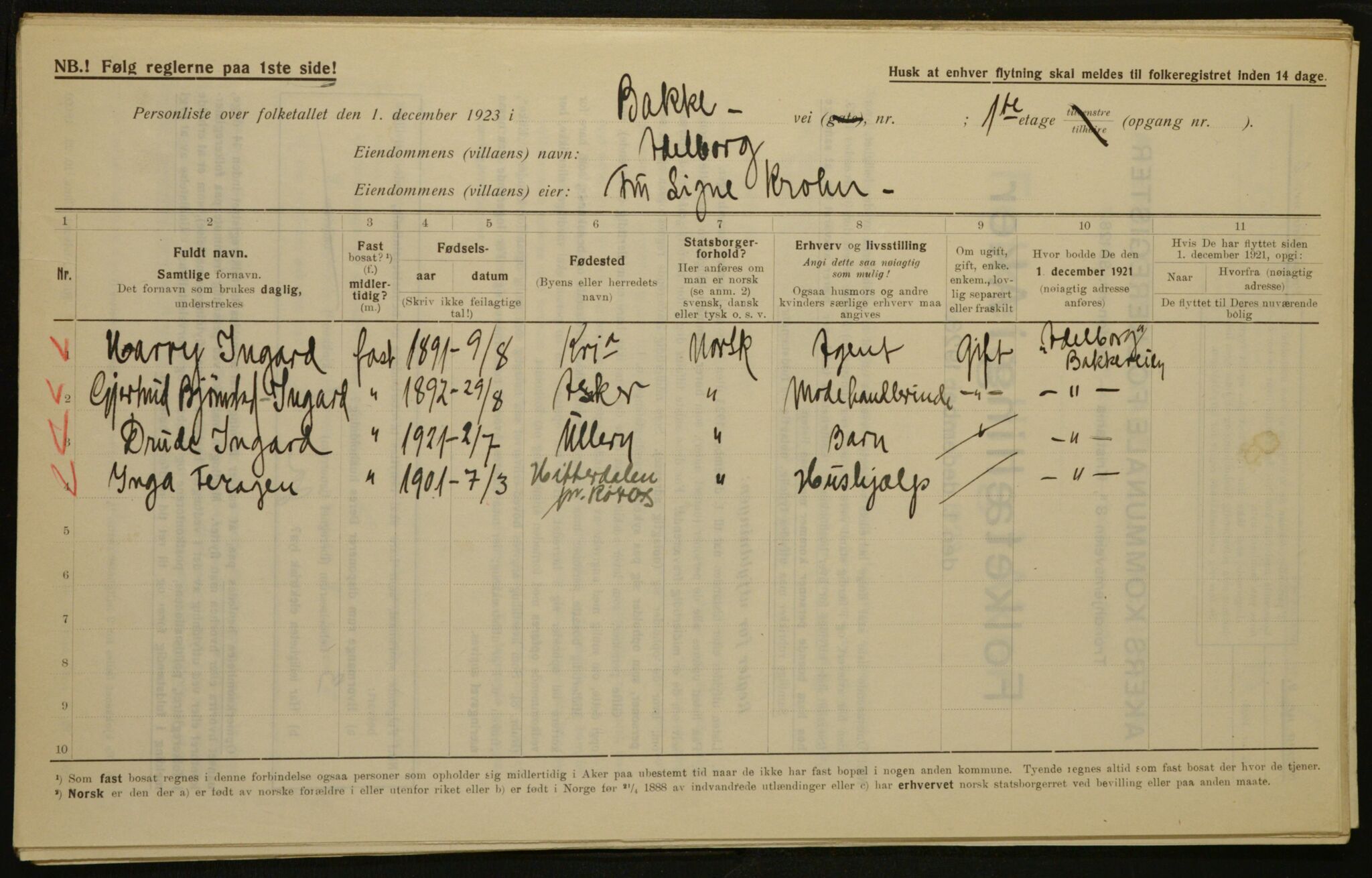 , Municipal Census 1923 for Aker, 1923, p. 322