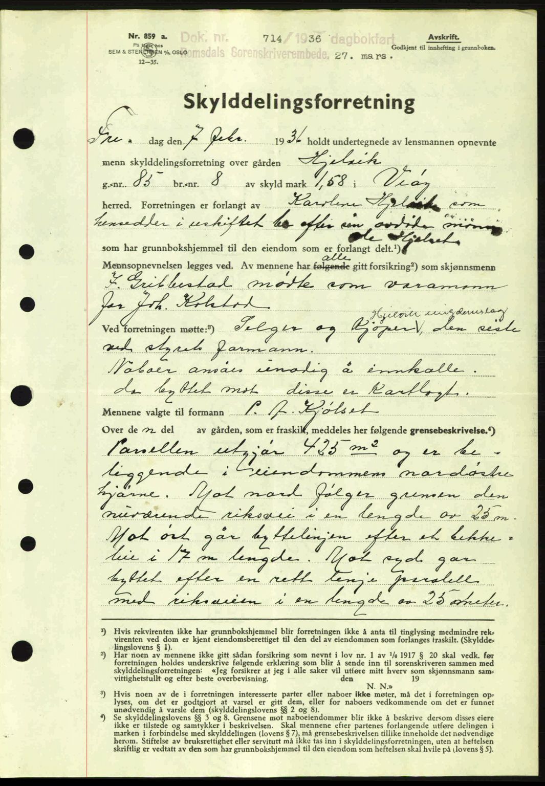 Romsdal sorenskriveri, AV/SAT-A-4149/1/2/2C: Mortgage book no. A1, 1936-1936, Diary no: : 714/1936