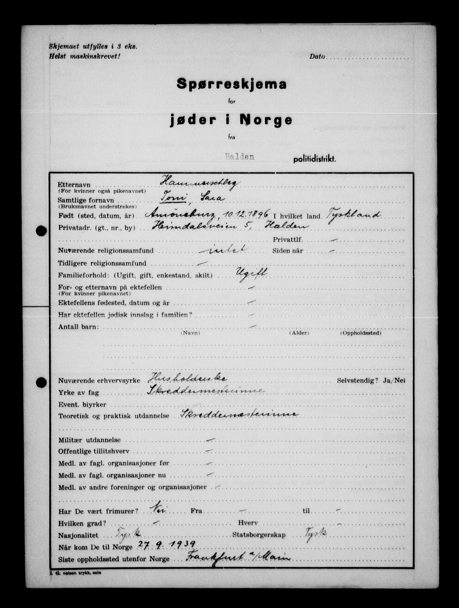 Statspolitiet - Hovedkontoret / Osloavdelingen, AV/RA-S-1329/G/Ga/L0012: Spørreskjema for jøder i Norge. 1: Aker 114- 207 (Levinson-Wozak) og 656 (Salomon). 2: Arendal-Hordaland. 3: Horten-Romerike.  , 1942, p. 549