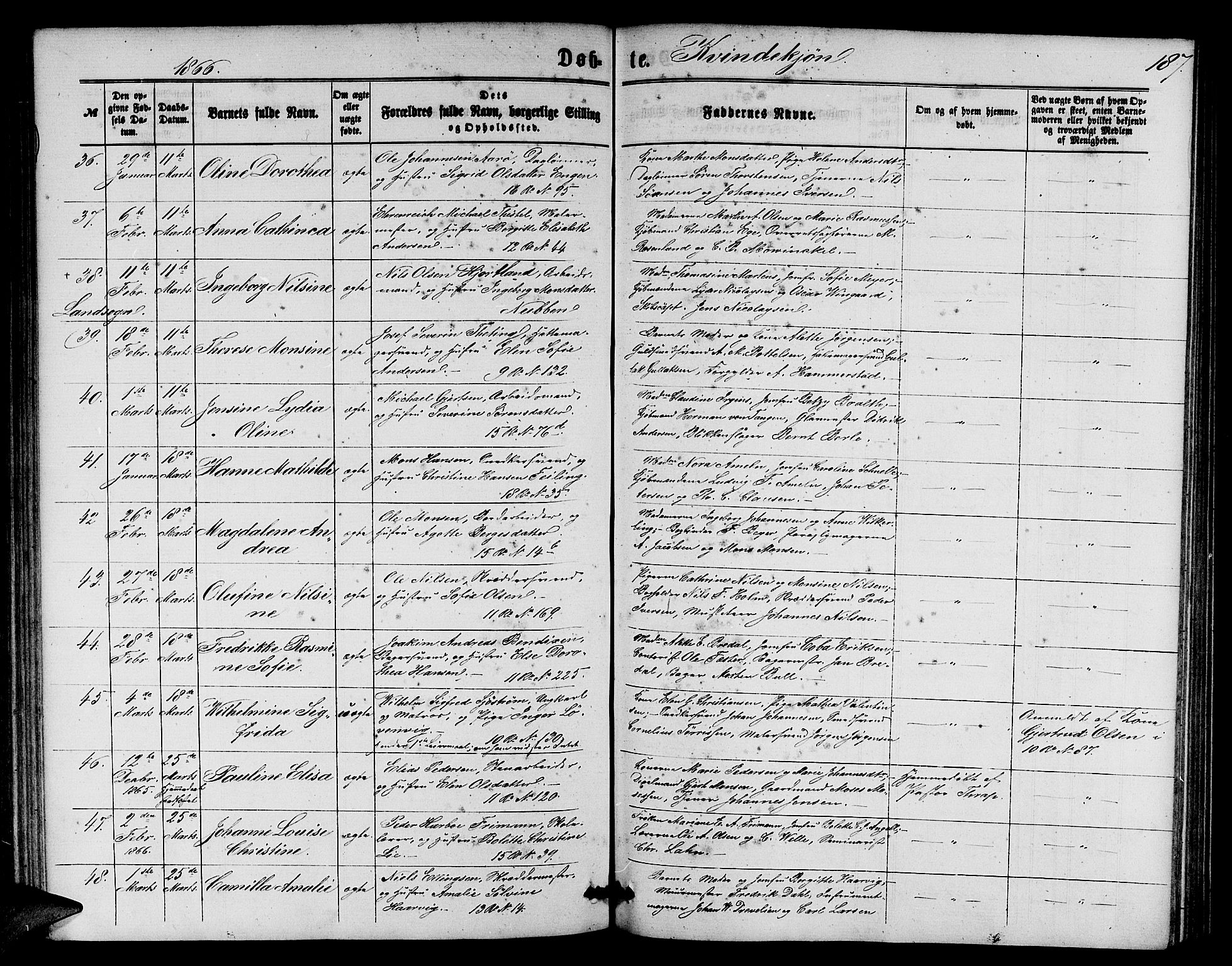 Domkirken sokneprestembete, SAB/A-74801/H/Hab/L0012: Parish register (copy) no. B 5, 1862-1869, p. 187