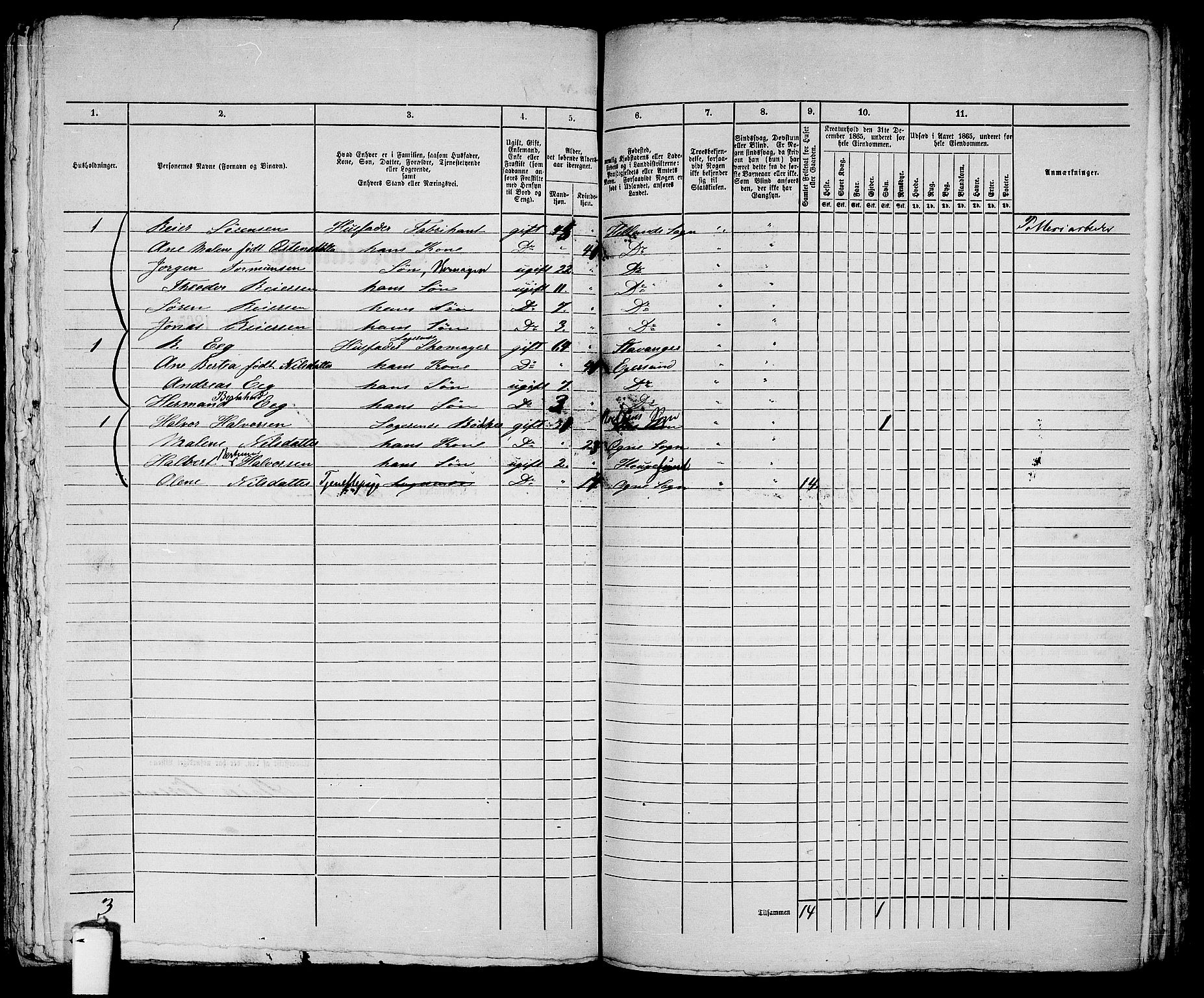 RA, 1865 census for Eigersund parish, Egersund town, 1865, p. 411