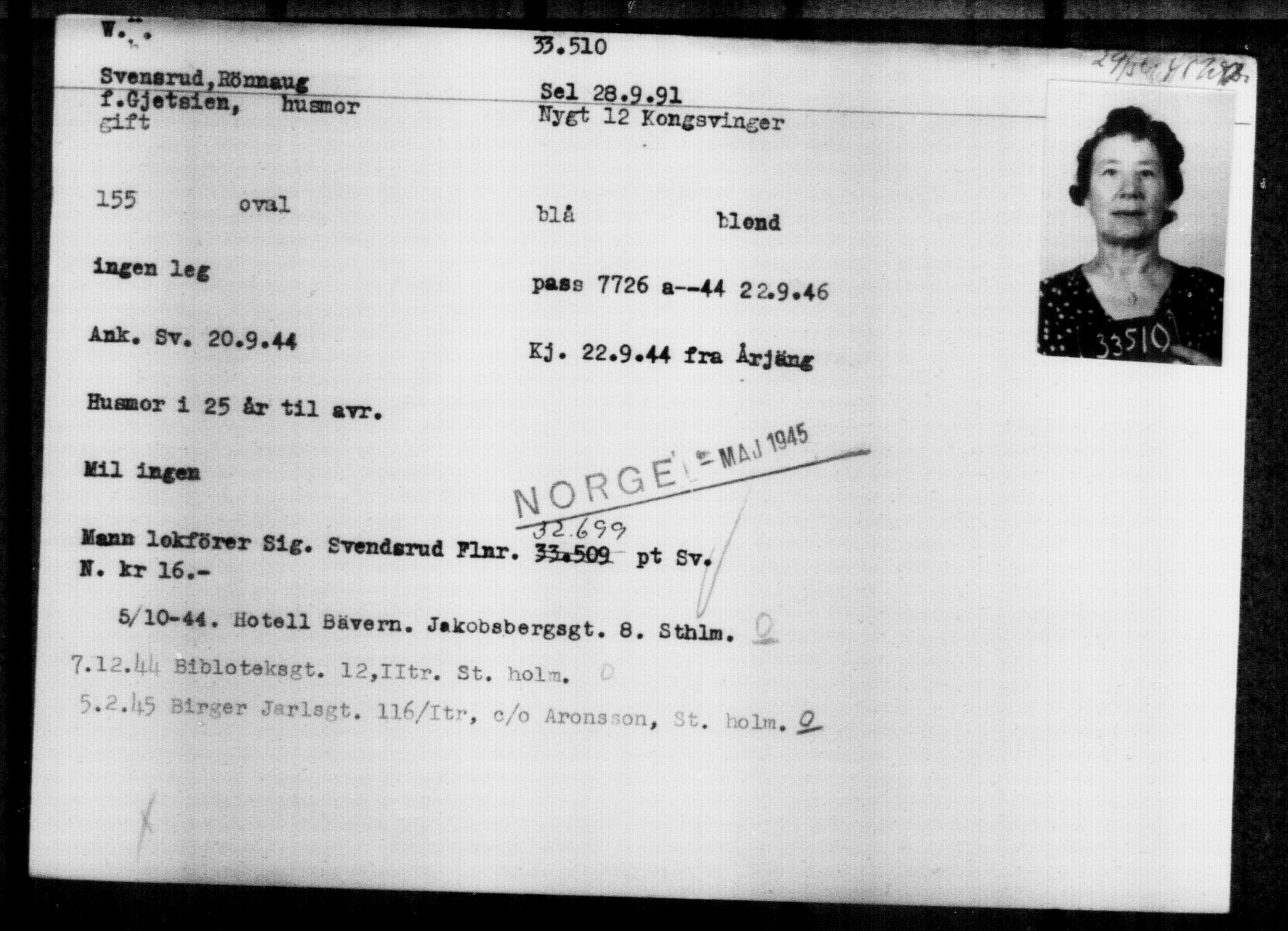Utenriksstasjonene, Legasjonen i Stockholm, Flyktningkontoret, AV/RA-S-6753/V/Va/L0013: Kjesäterkartoteket, flyktninger med registreringsnr. 31500-34731, 1940-1945, p. 2118