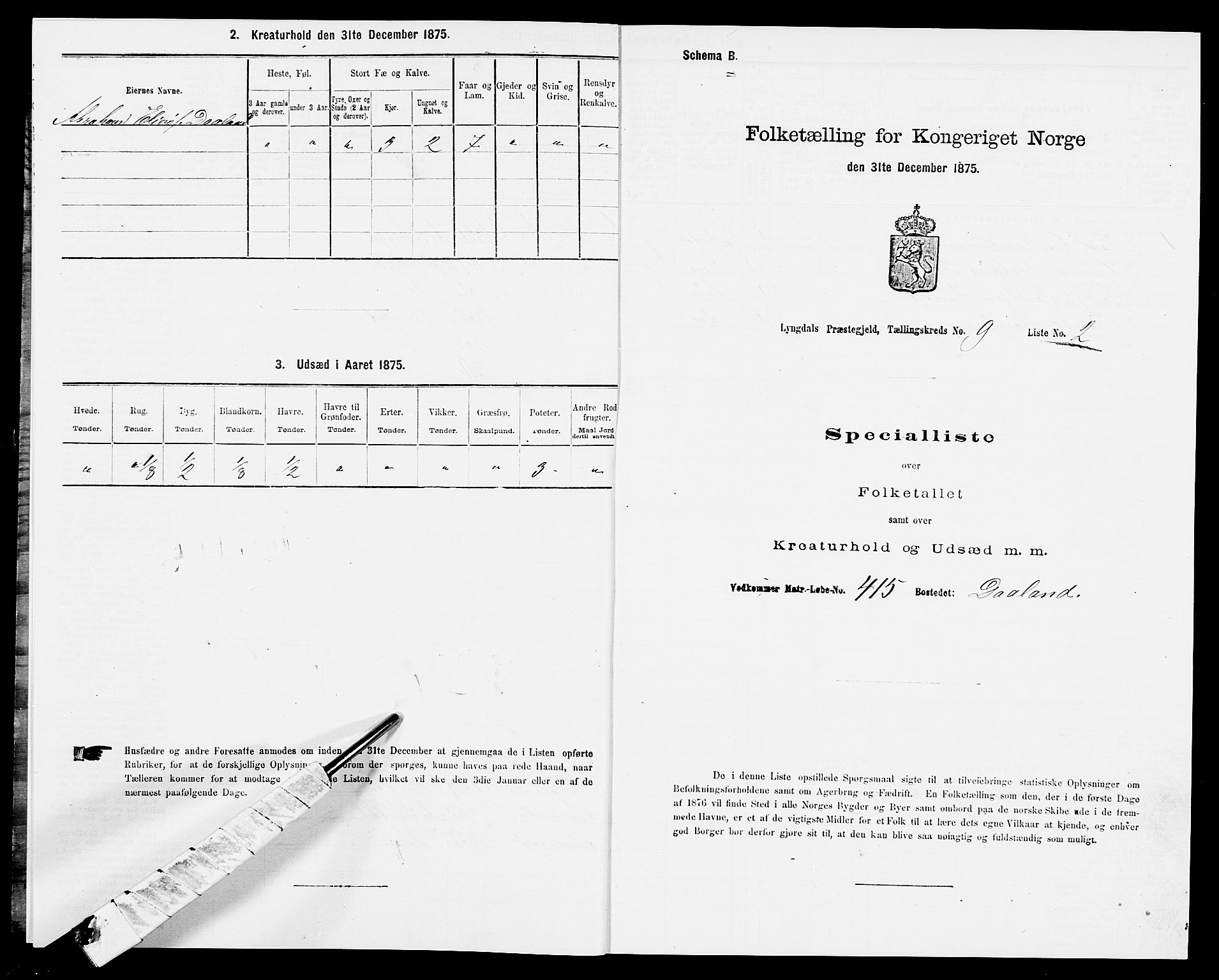 SAK, 1875 census for 1032P Lyngdal, 1875, p. 1360