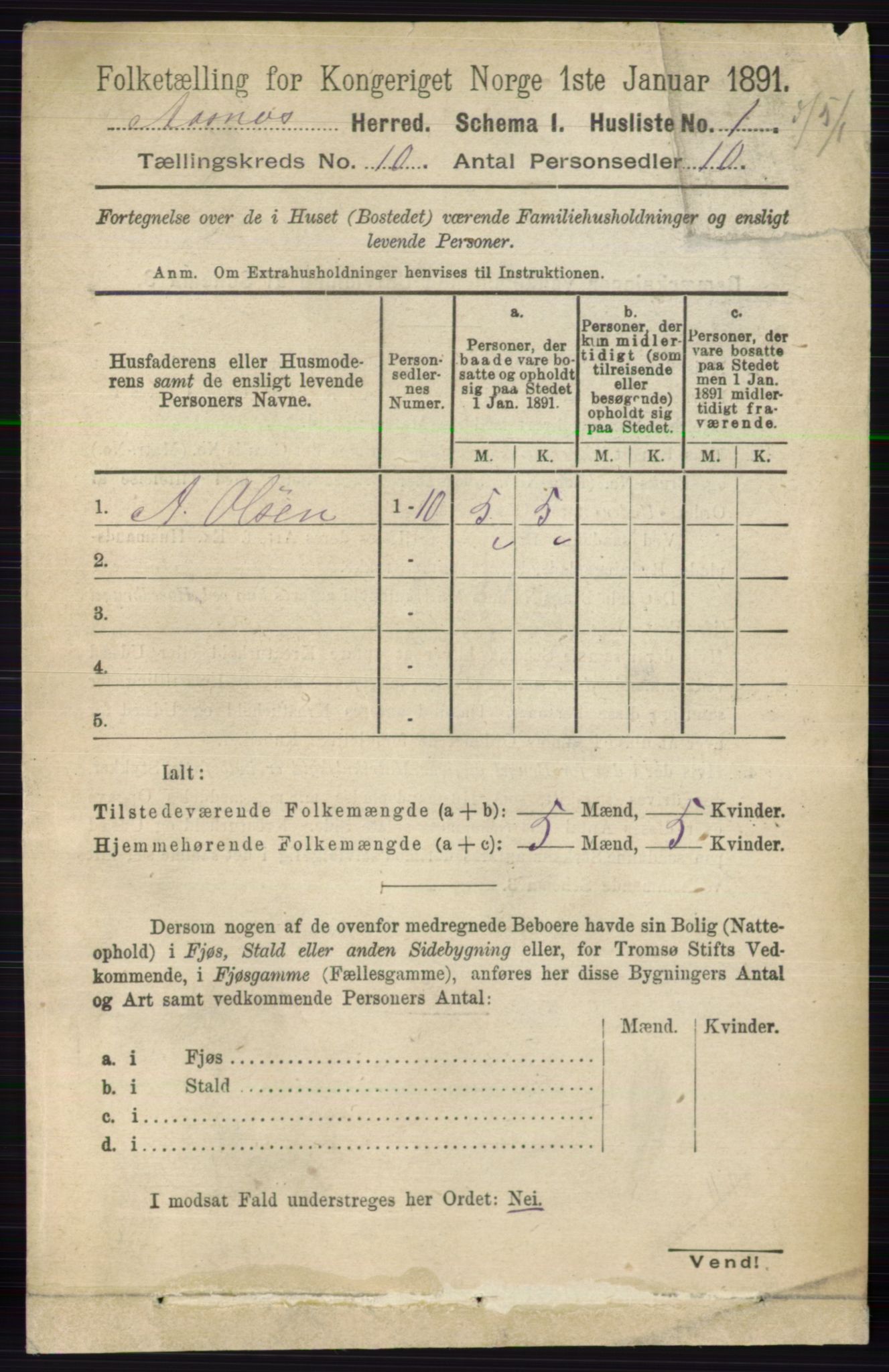 RA, 1891 census for 0425 Åsnes, 1891, p. 4988