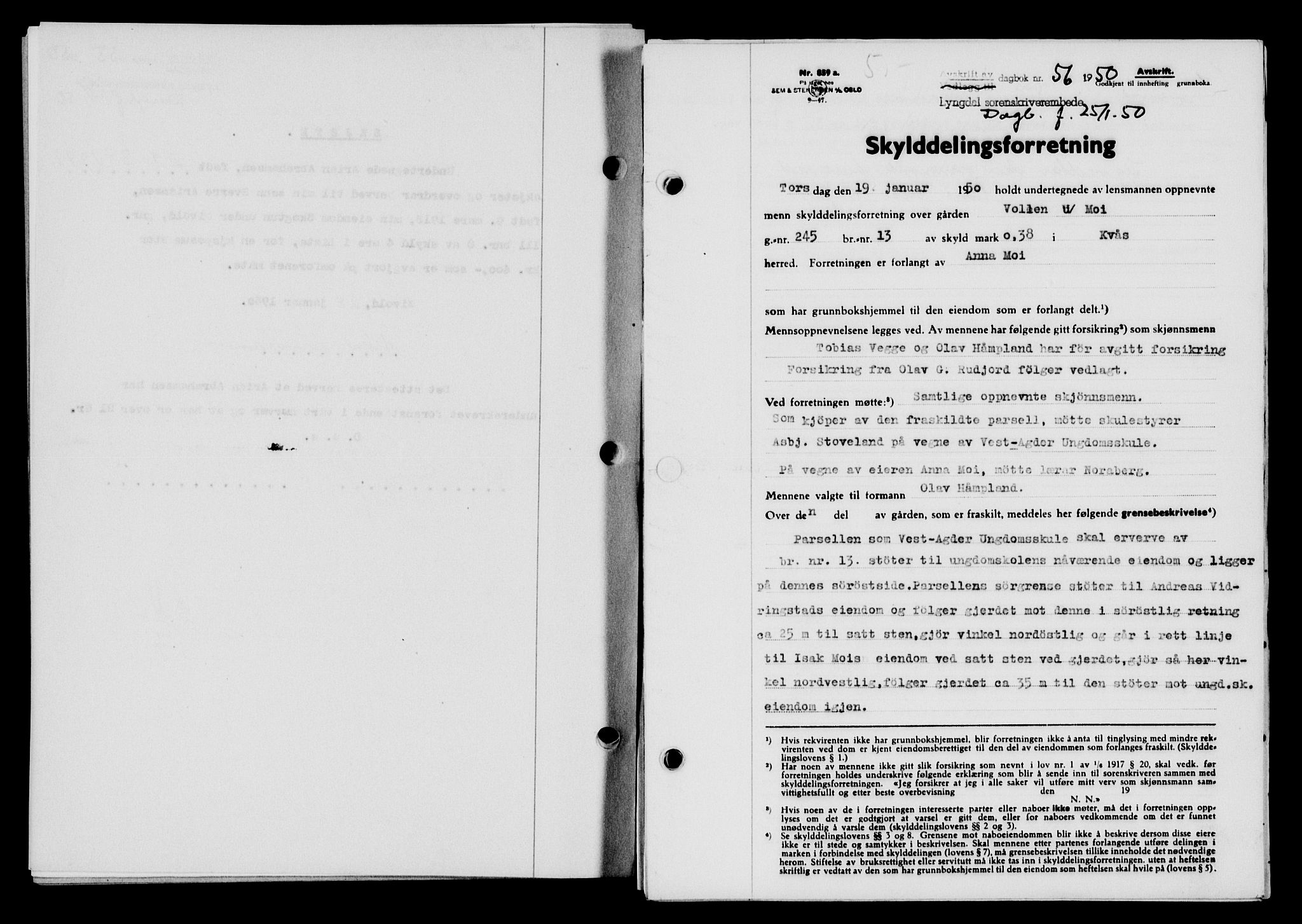 Lyngdal sorenskriveri, AV/SAK-1221-0004/G/Gb/L0665: Mortgage book no. A XI, 1950-1950, Diary no: : 56/1950