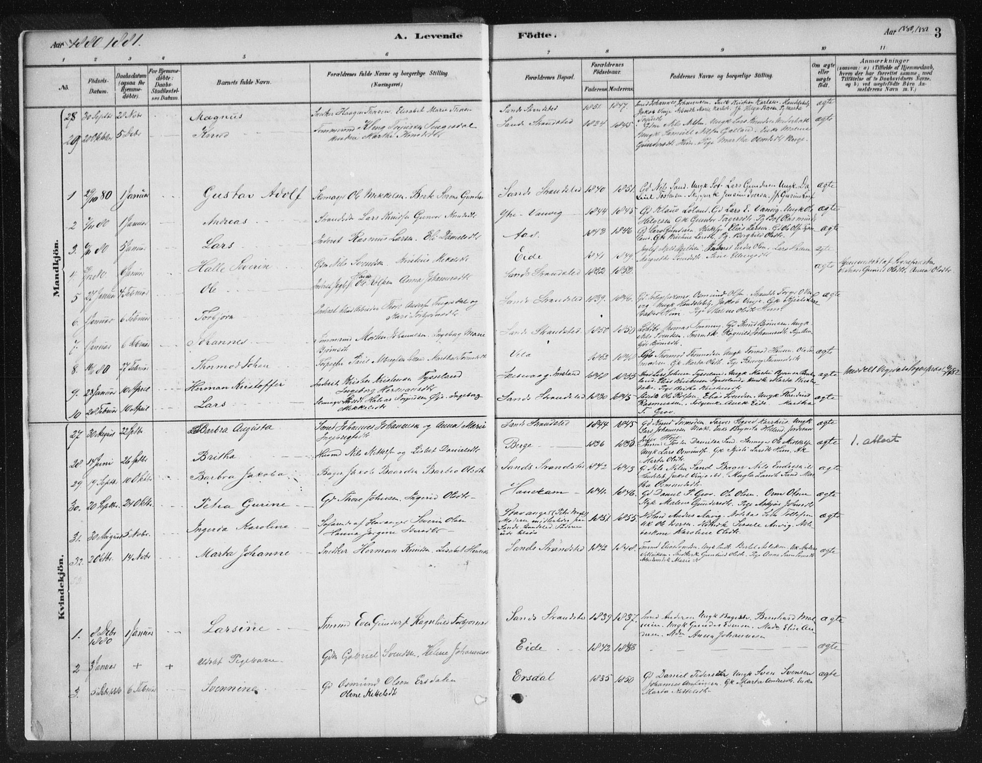 Sand sokneprestkontor, SAST/A-101848/01/III/L0005: Parish register (official) no. A 5, 1880-1898, p. 3