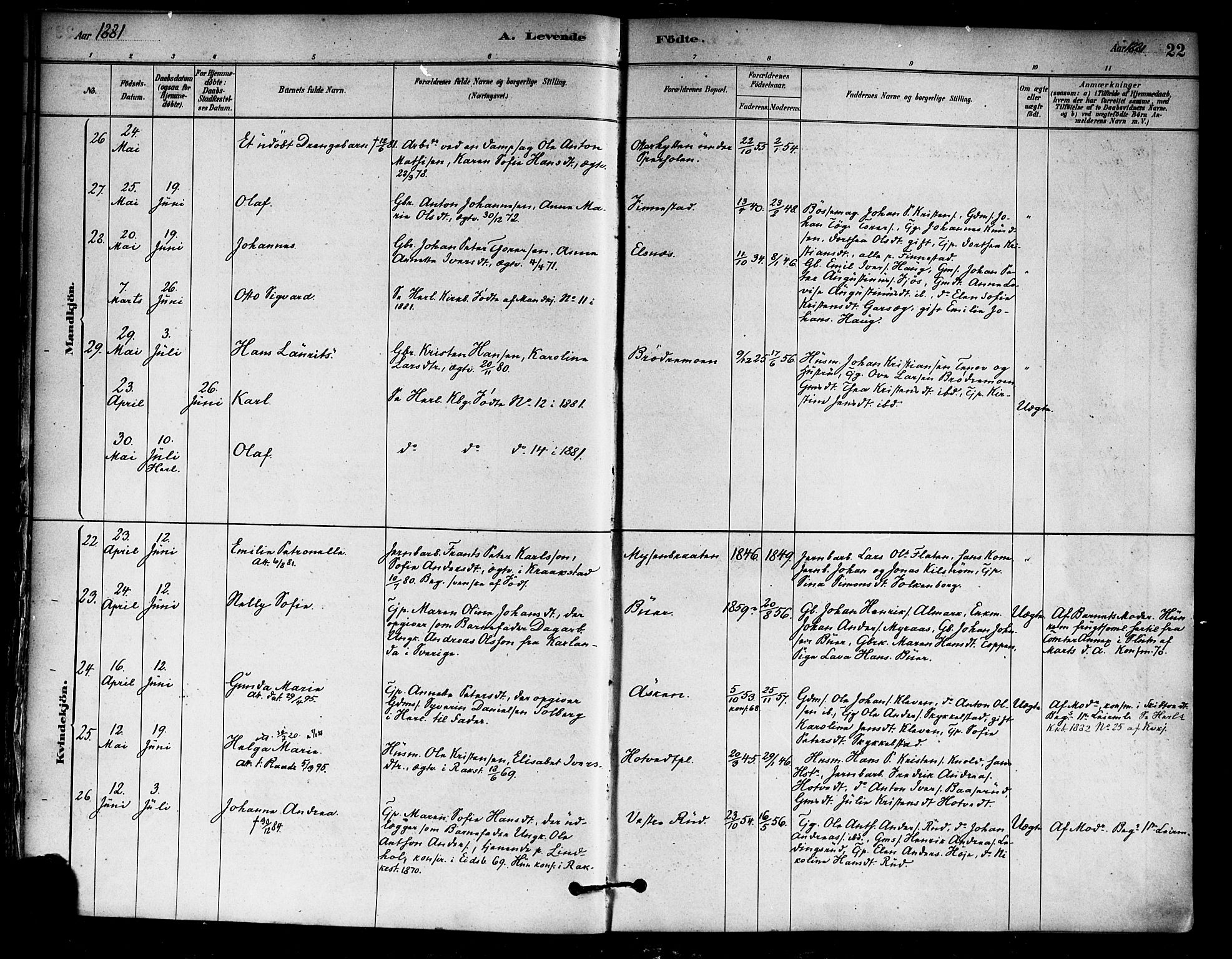 Eidsberg prestekontor Kirkebøker, AV/SAO-A-10905/F/Fa/L0012: Parish register (official) no. I 12, 1879-1901, p. 22