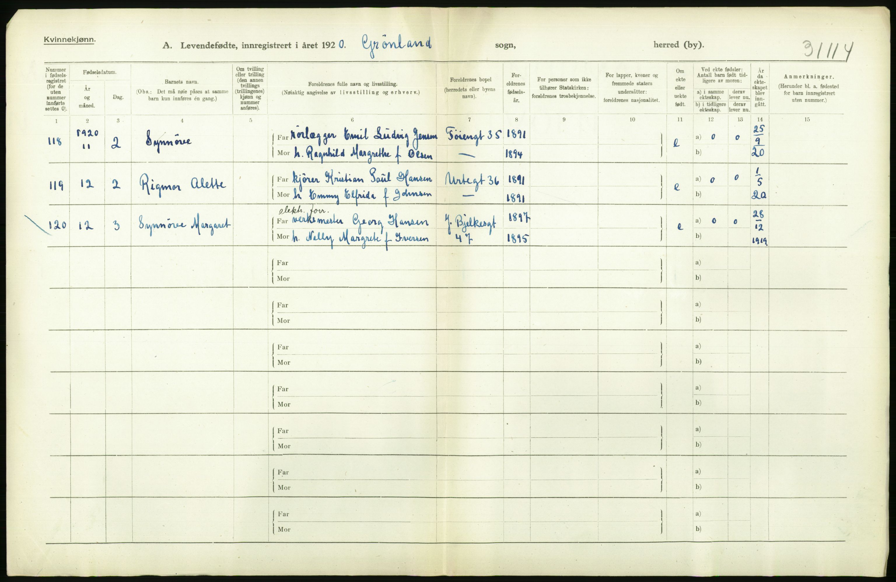 Statistisk sentralbyrå, Sosiodemografiske emner, Befolkning, RA/S-2228/D/Df/Dfb/Dfbj/L0008: Kristiania: Levendefødte menn og kvinner., 1920, p. 182