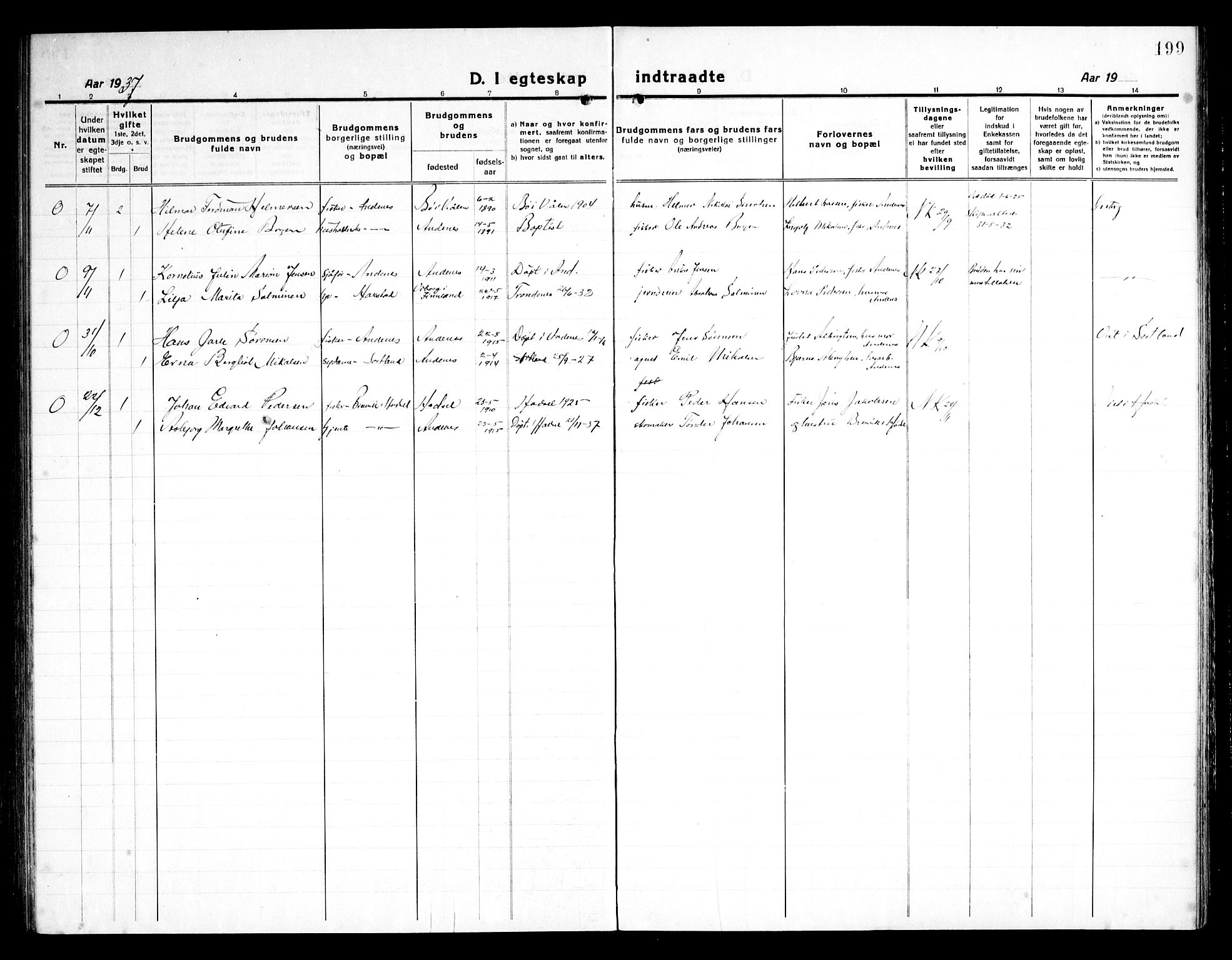 Ministerialprotokoller, klokkerbøker og fødselsregistre - Nordland, AV/SAT-A-1459/899/L1450: Parish register (copy) no. 899C05, 1918-1945, p. 199