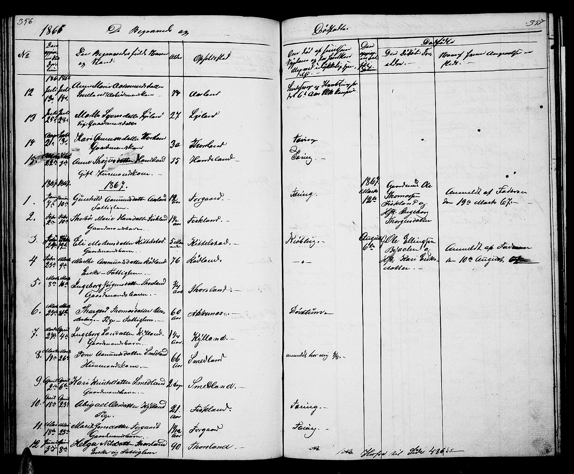 Åseral sokneprestkontor, AV/SAK-1111-0051/F/Fb/L0001: Parish register (copy) no. B 1, 1856-1877, p. 356-357