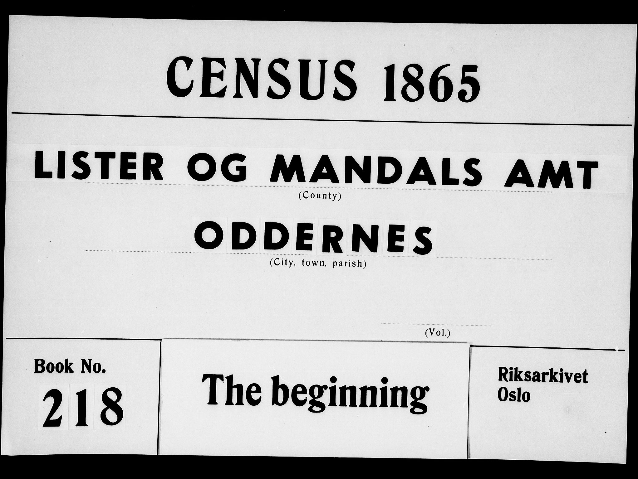 RA, 1865 census for Oddernes, 1865, p. 1