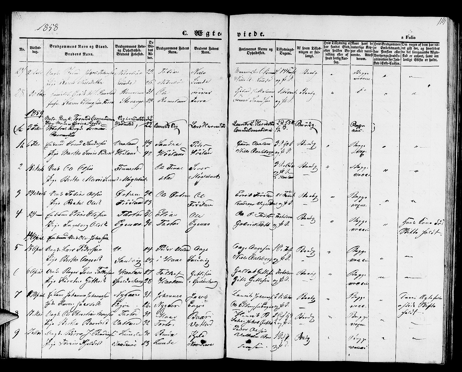 Hetland sokneprestkontor, SAST/A-101826/30/30BB/L0001: Parish register (copy) no. B 1, 1850-1868, p. 114