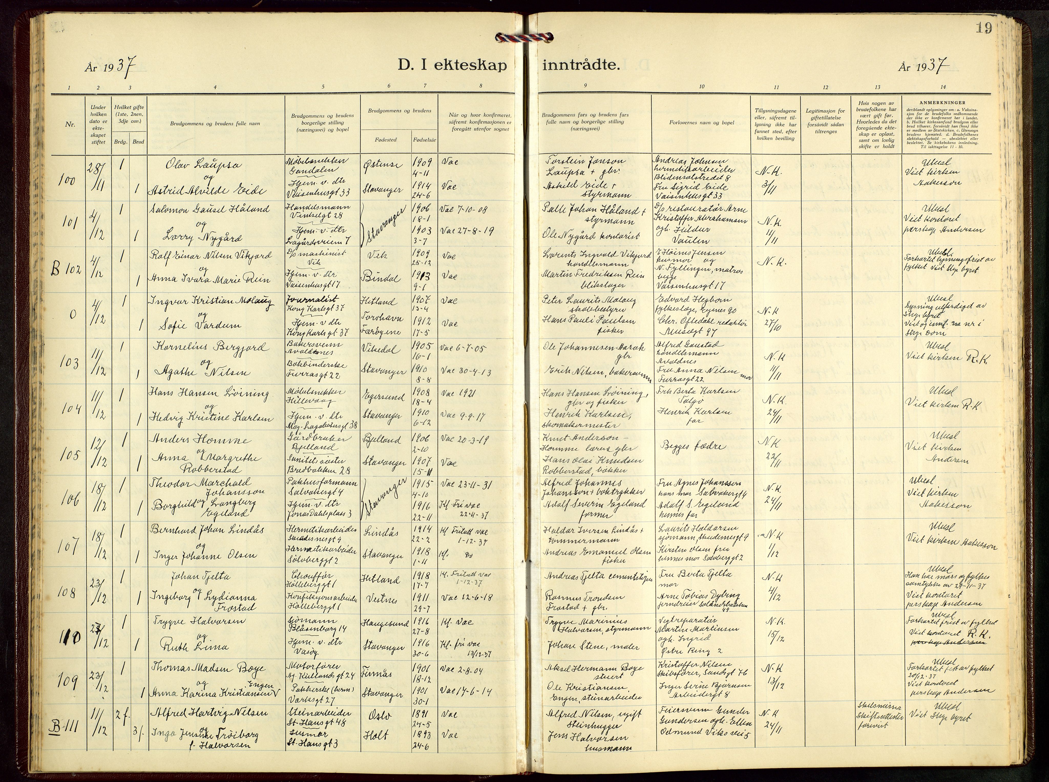 St. Petri sokneprestkontor, AV/SAST-A-101813/001/30/30BB/L0012: Parish register (copy) no. B 12, 1936-1951, p. 19