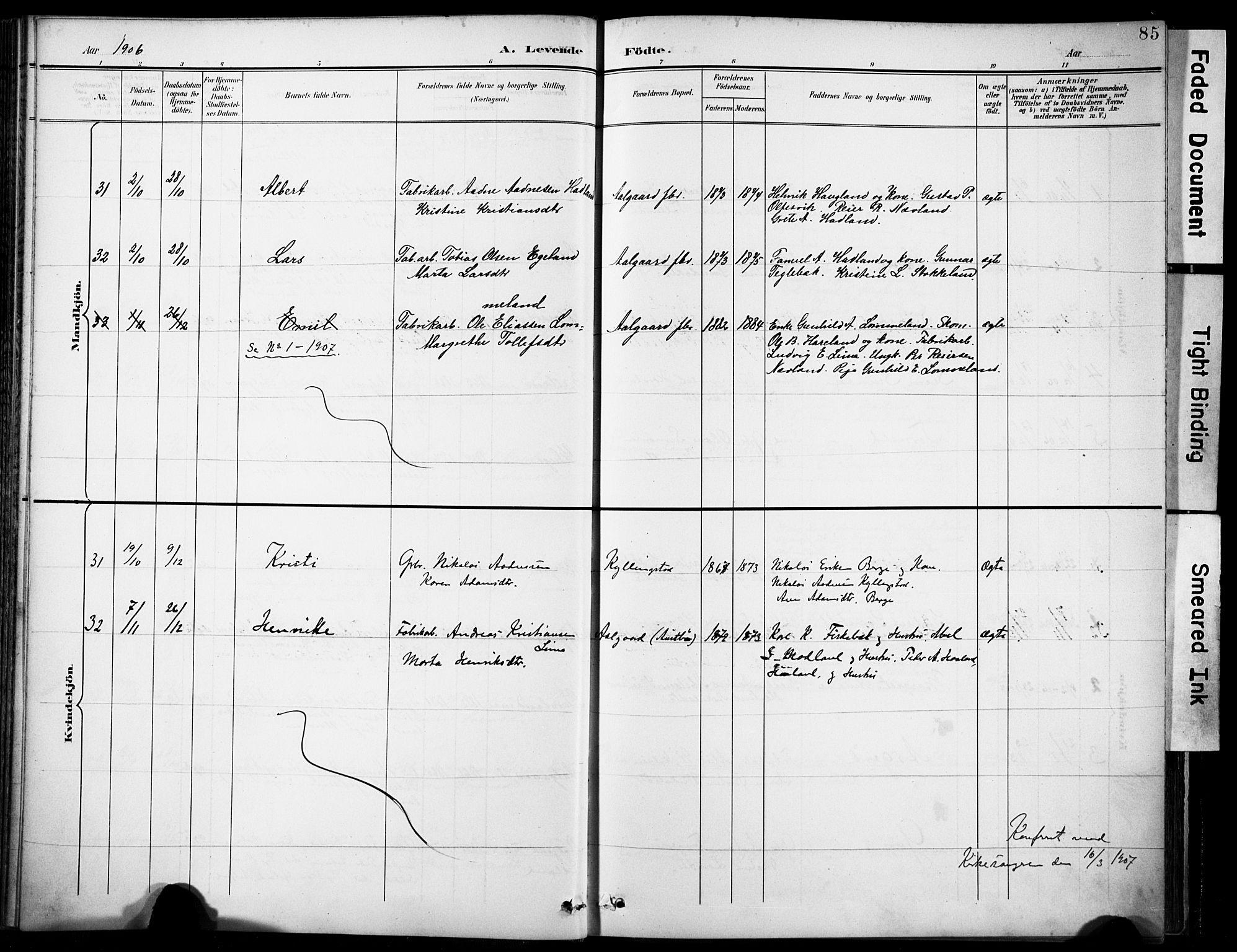 Lye sokneprestkontor, AV/SAST-A-101794/001/30BA/L0012: Parish register (official) no. A 11, 1896-1909, p. 85