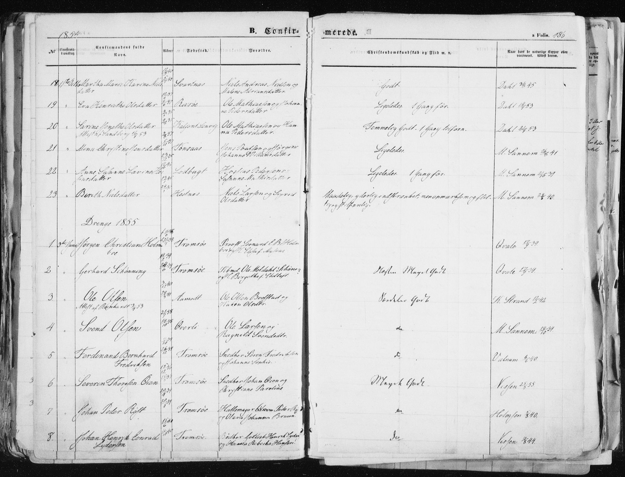 Tromsø sokneprestkontor/stiftsprosti/domprosti, SATØ/S-1343/G/Ga/L0010kirke: Parish register (official) no. 10, 1848-1855, p. 186