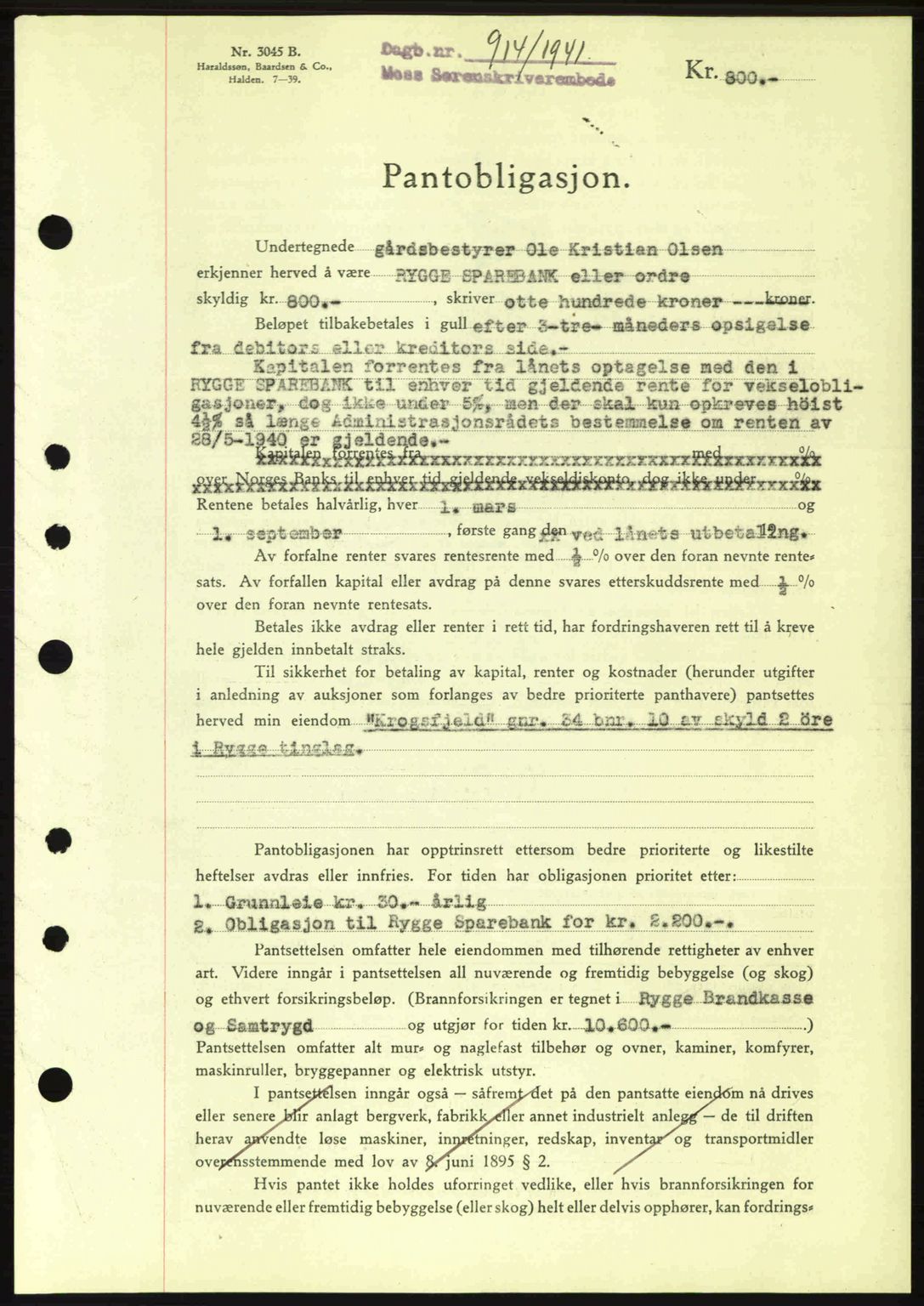 Moss sorenskriveri, SAO/A-10168: Mortgage book no. B10, 1940-1941, Diary no: : 914/1941