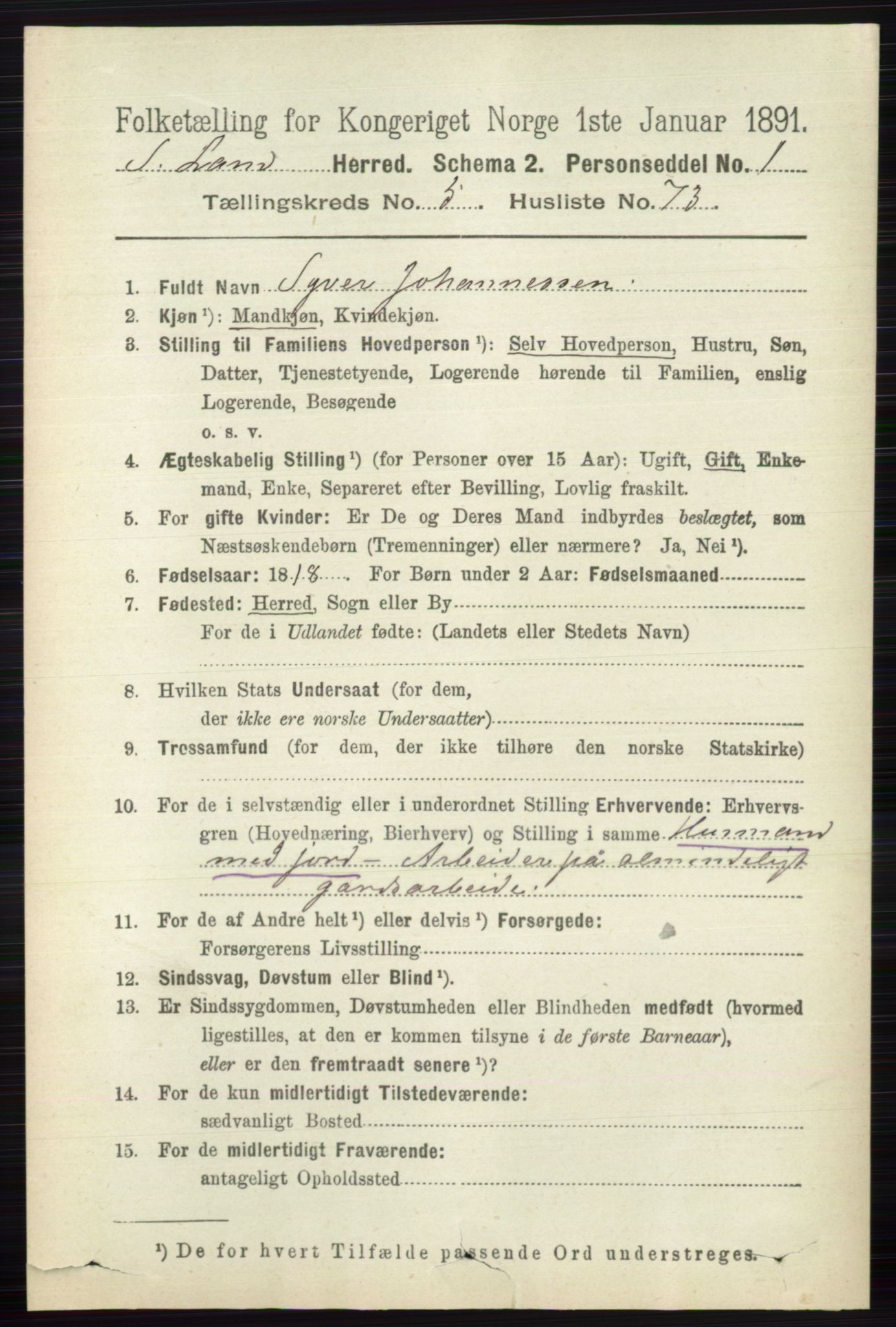 RA, 1891 census for 0536 Søndre Land, 1891, p. 5284