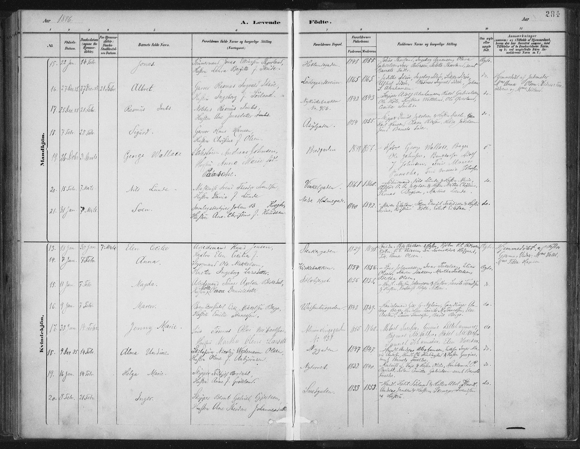 St. Petri sokneprestkontor, SAST/A-101813/001/30/30BB/L0004: Parish register (copy) no. B 4, 1878-1890, p. 284