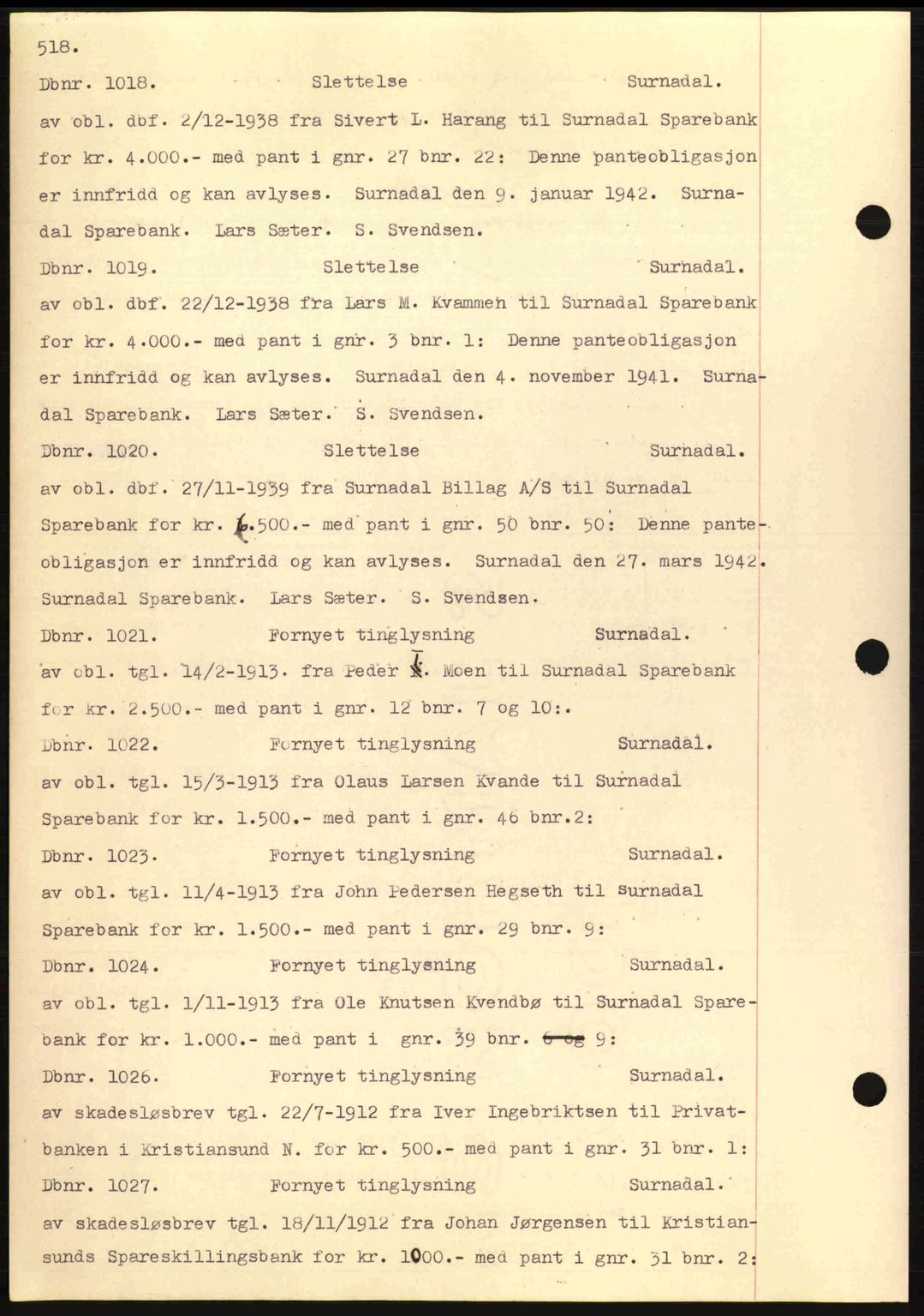 Nordmøre sorenskriveri, AV/SAT-A-4132/1/2/2Ca: Mortgage book no. C81, 1940-1945, Diary no: : 1018/1942